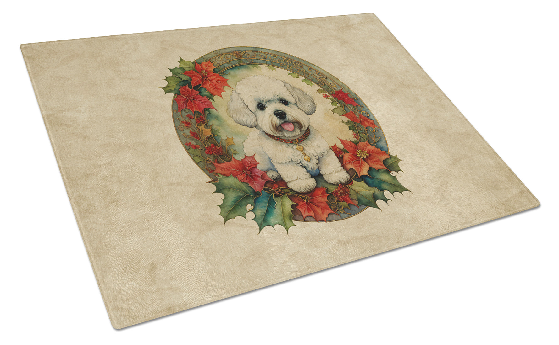 Bichon Frise Christmas Flowers Cutting Board Tempered Glass Kitchen Cutting Surface, Heat Resistant Chopping, Non-Slip Feet, Food Prep & Serving
