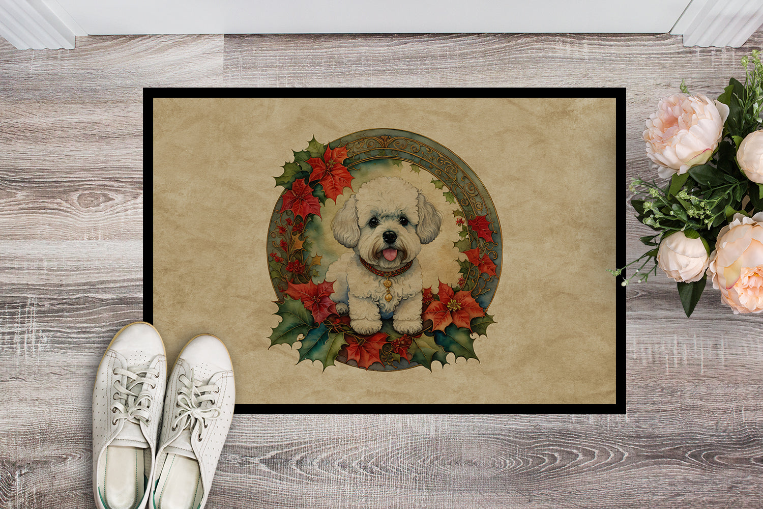 Bichon Frise Christmas Flowers Doormat Indoor Outdoor 18H X 27W Front Door Mat Rugs for Entryway, Non Slip Washable