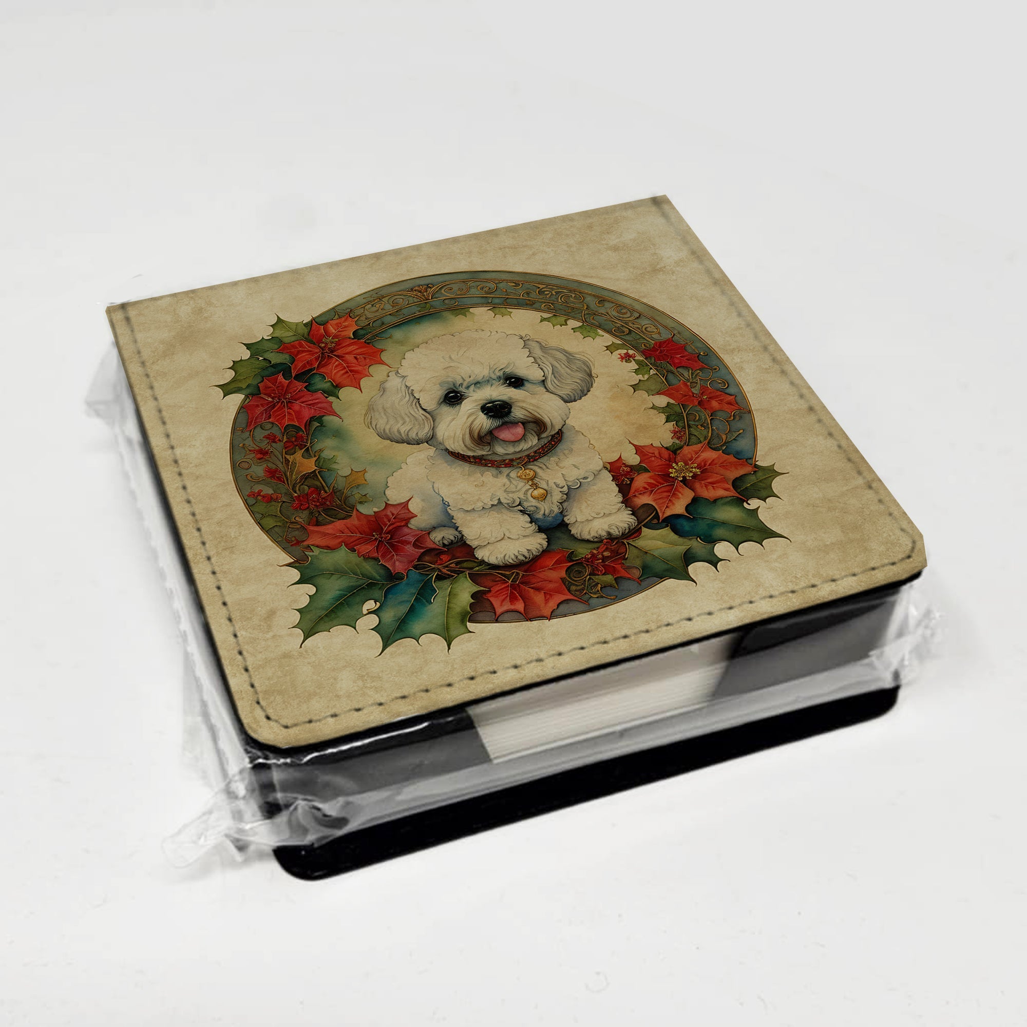 Bichon Frise Christmas Flowers PU Leather Note Paper Holder with Artist-Designed Cover, Desk Accessory, Office Gift