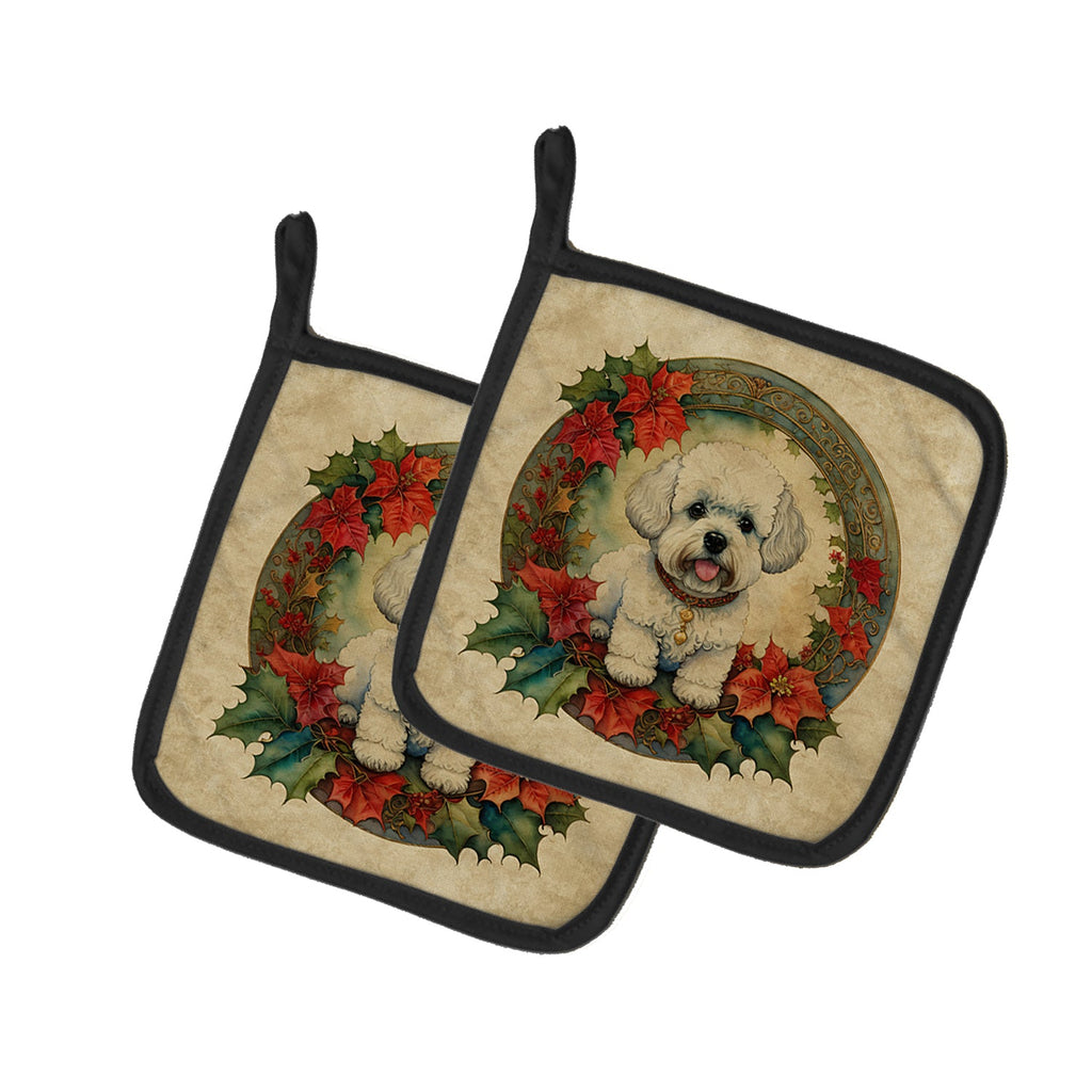 Bichon Frise Christmas Flowers Pot Holder Set of 2 Heat Resistant Quilted Hot Pads 7.5 x 7.5 Inch, Insulated Kitchen Trivets for Cooking & Baking