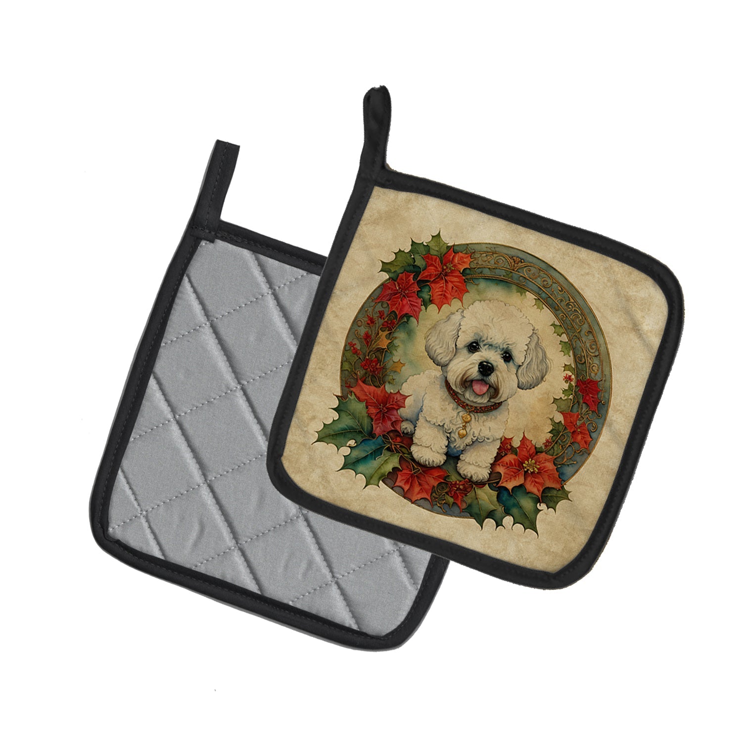 Bichon Frise Christmas Flowers Pot Holder Set of 2 Heat Resistant Quilted Hot Pads 7.5 x 7.5 Inch, Insulated Kitchen Trivets for Cooking & Baking