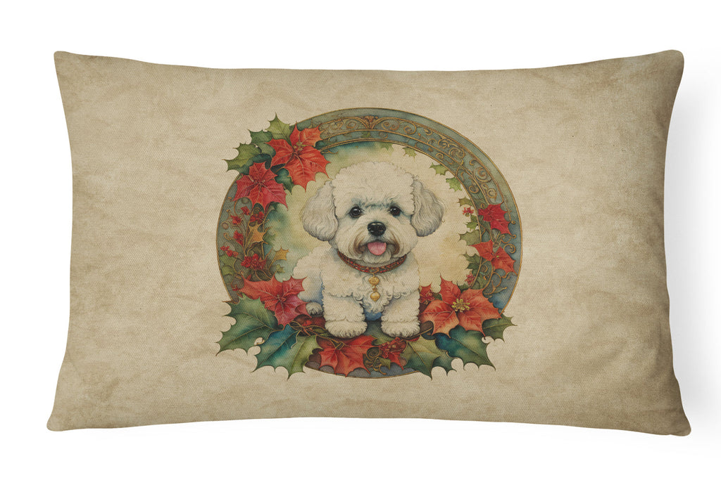 Bichon Frise Christmas Flowers Decorative Throw Pillow 12x16 Indoor Outdoor Accent Cushion, Fabric Cover with Insert for Sofa, Bed, Porch & Living Room