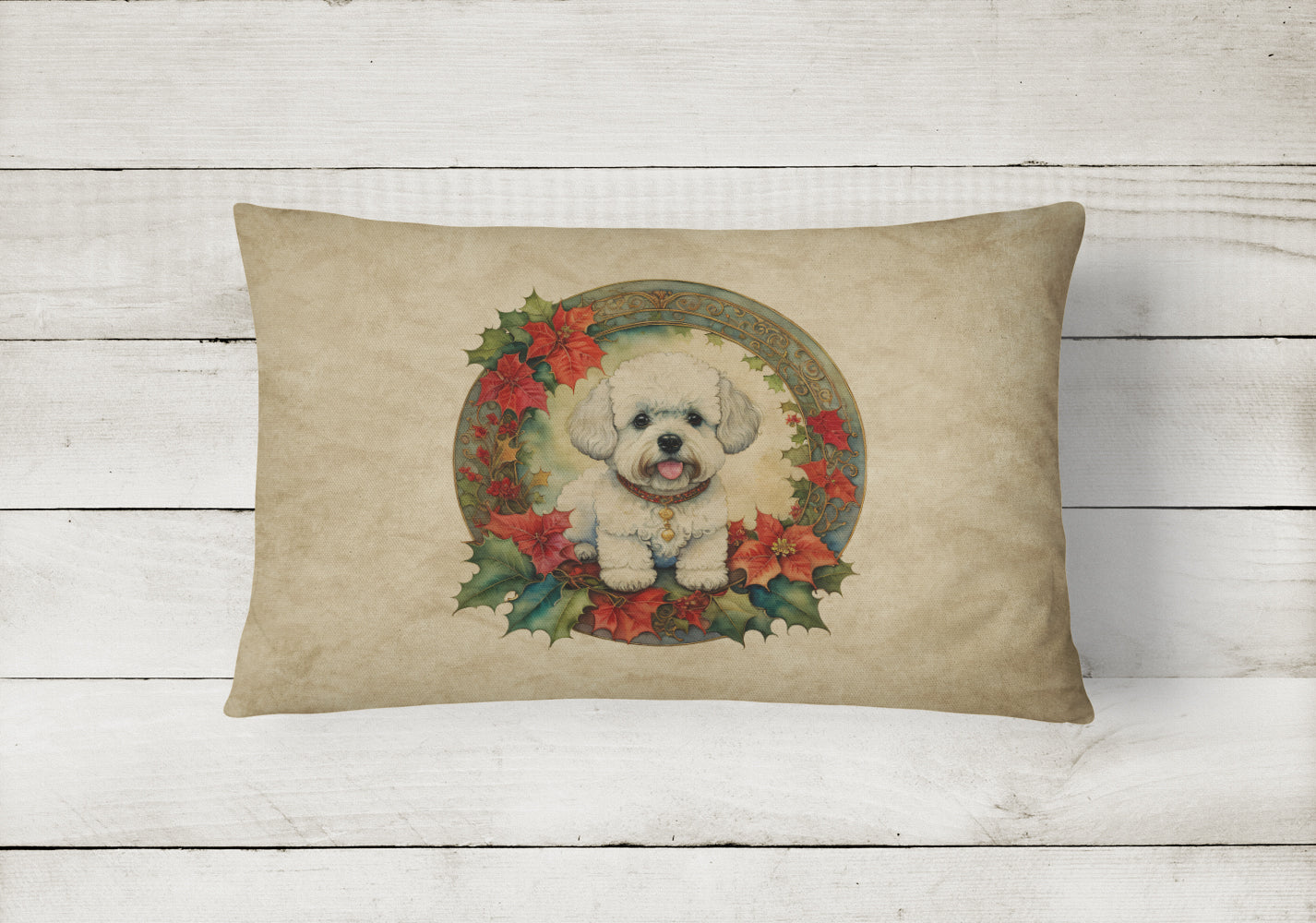 Bichon Frise Christmas Flowers Decorative Throw Pillow 12x16 Indoor Outdoor Accent Cushion, Fabric Cover with Insert for Sofa, Bed, Porch & Living Room