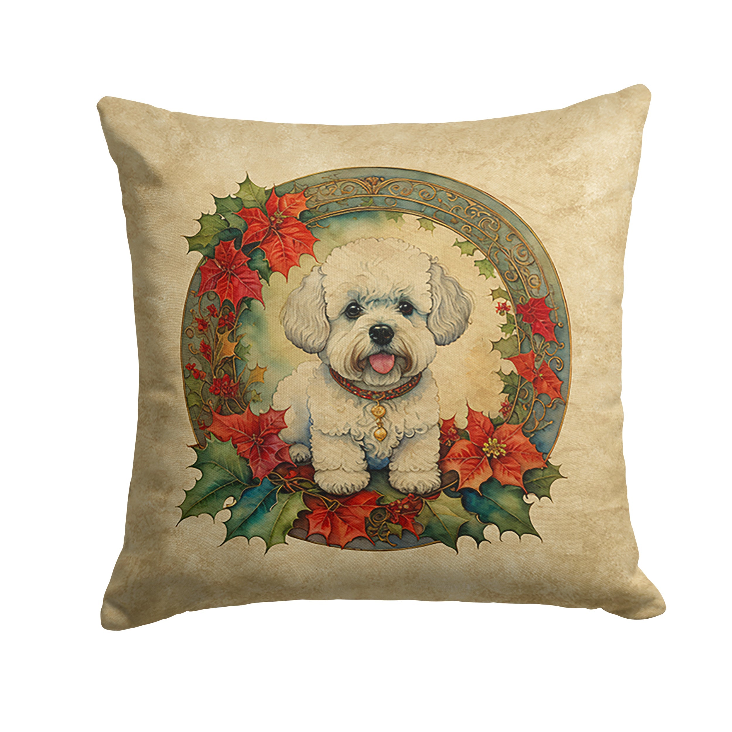 Bichon Frise Christmas Flowers Decorative Throw Pillow 14x14 Indoor Outdoor Accent Cushion, Fabric Cover with Insert for Sofa, Bed, Porch & Living Room
