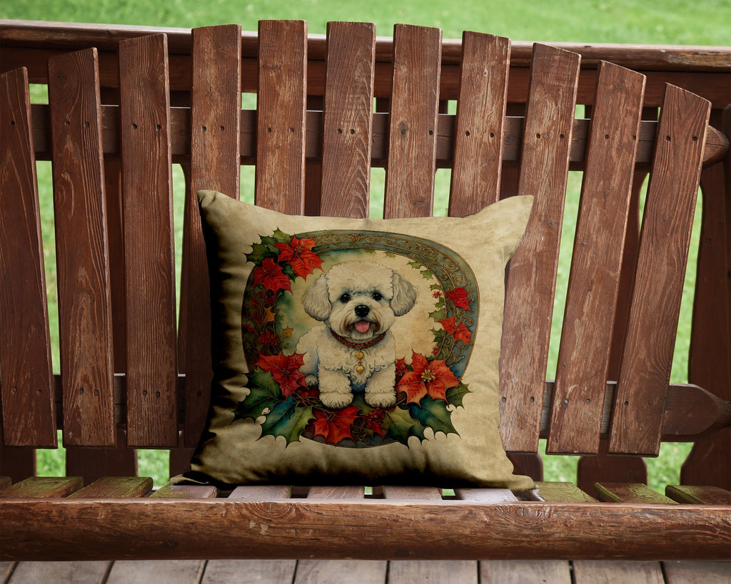 Bichon Frise Christmas Flowers Decorative Throw Pillow 14x14 Indoor Outdoor Accent Cushion, Fabric Cover with Insert for Sofa, Bed, Porch & Living Room