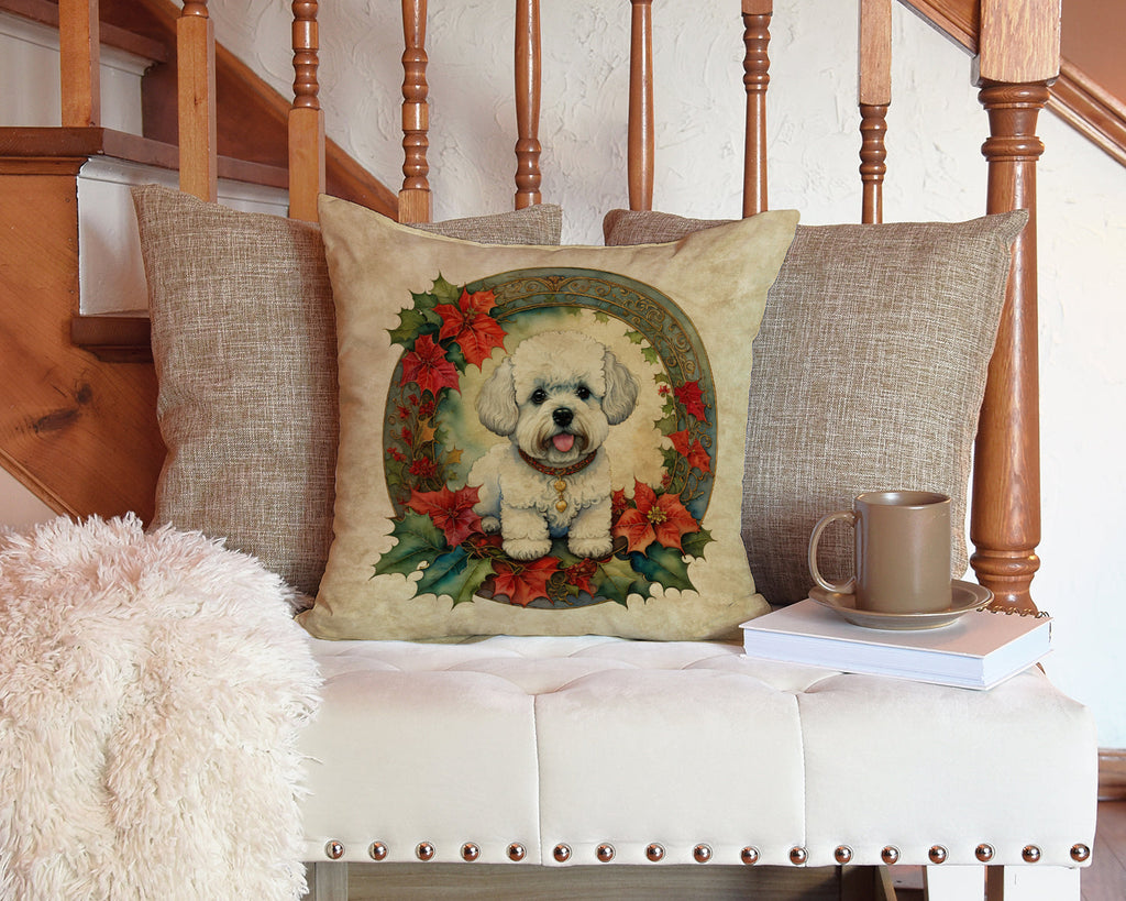 Bichon Frise Christmas Flowers Decorative Throw Pillow 14x14 Indoor Outdoor Accent Cushion, Fabric Cover with Insert for Sofa, Bed, Porch & Living Room
