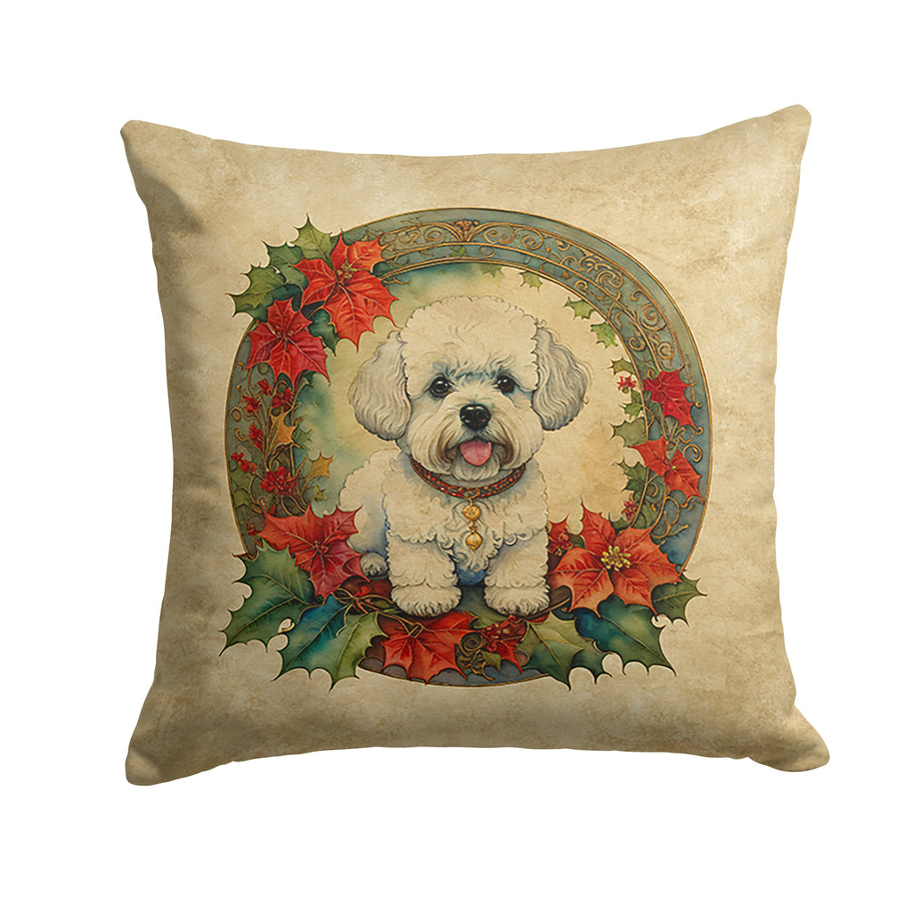Bichon Frise Christmas Flowers Decorative Throw Pillow 18x18 Indoor Outdoor Accent Cushion, Fabric Cover with Insert for Sofa, Bed, Porch & Living Room