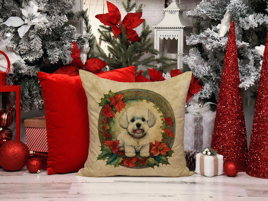 Bichon Frise Christmas Flowers Decorative Throw Pillow 18x18 Indoor Outdoor Accent Cushion, Fabric Cover with Insert for Sofa, Bed, Porch & Living Room