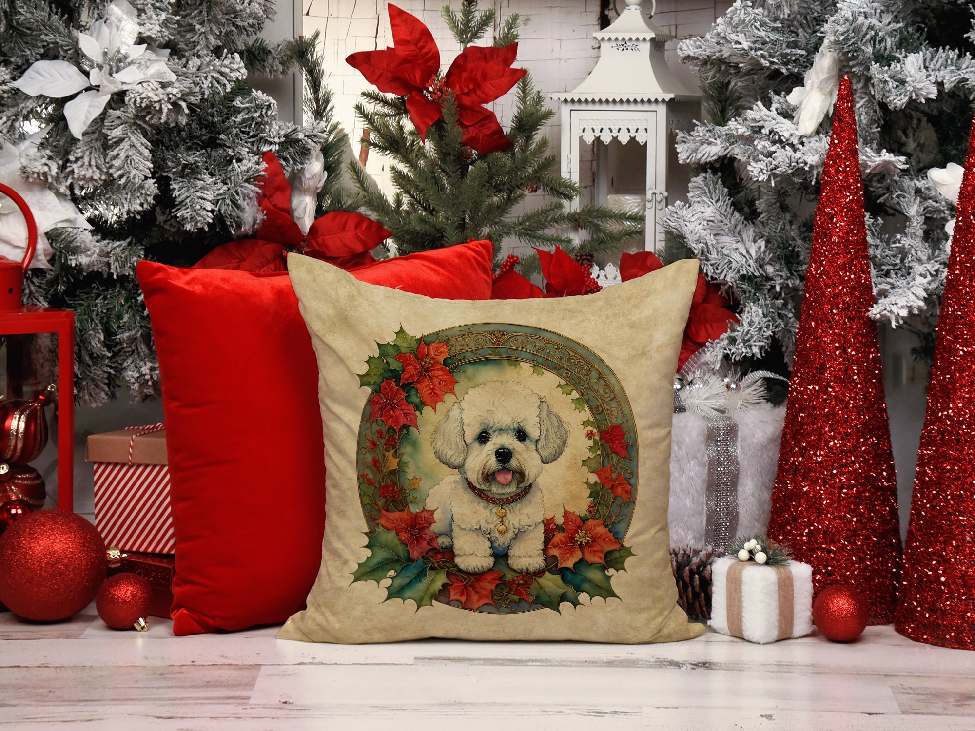 Bichon Frise Christmas Flowers Decorative Throw Pillow 18x18 Indoor Outdoor Accent Cushion, Fabric Cover with Insert for Sofa, Bed, Porch & Living Room