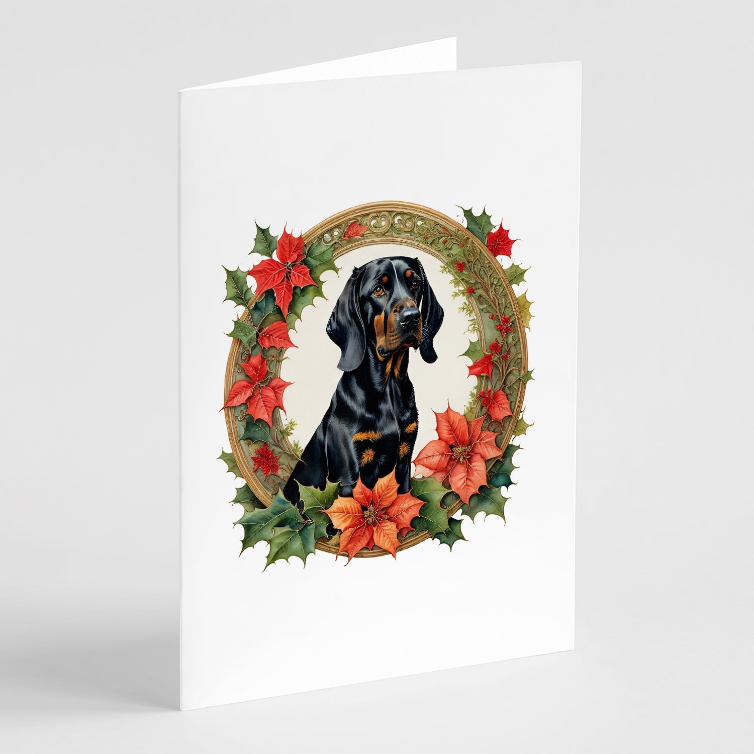 Black and Tan Coonhound Christmas Flowers Greeting Cards Pack of 8 Blank Cards with Envelopes Whimsical A7 Size 5x7