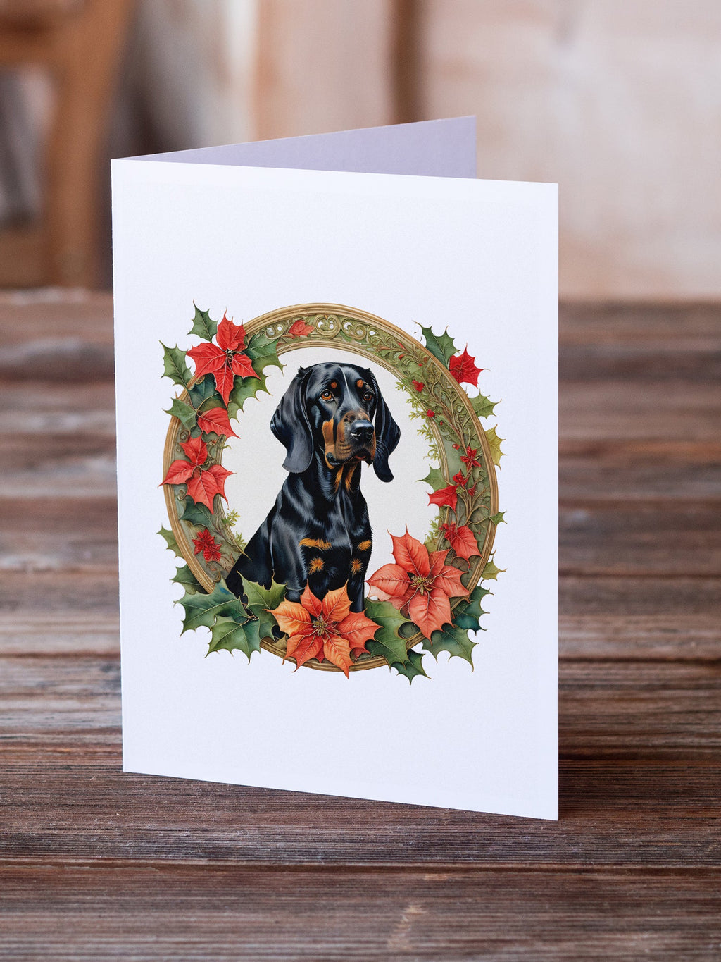 Black and Tan Coonhound Christmas Flowers Greeting Cards Pack of 8 Blank Cards with Envelopes Whimsical A7 Size 5x7