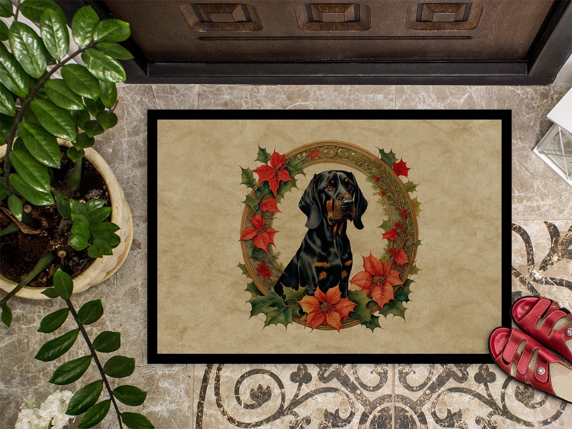 Black and Tan Coonhound Christmas Flowers Doormat Indoor Outdoor 24H X 36W Front Door Mat Rugs for Entryway, Non Slip Washable Low Pile,