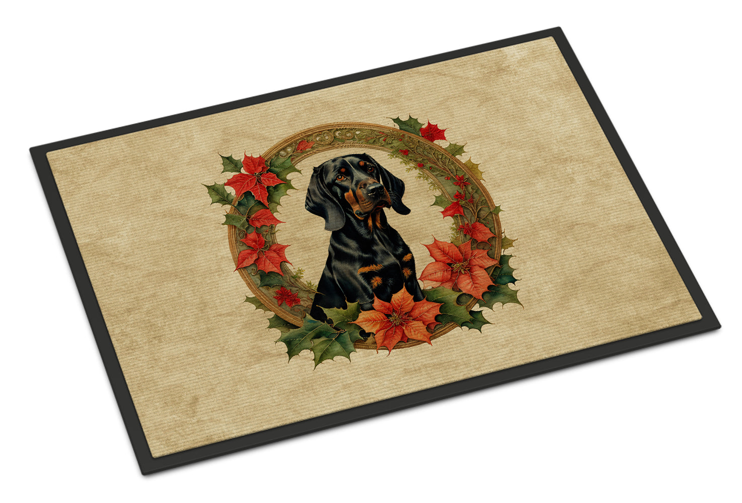 Black and Tan Coonhound Christmas Flowers Doormat Indoor Outdoor 18H X 27W Front Door Mat Rugs for Entryway, Non Slip Washable