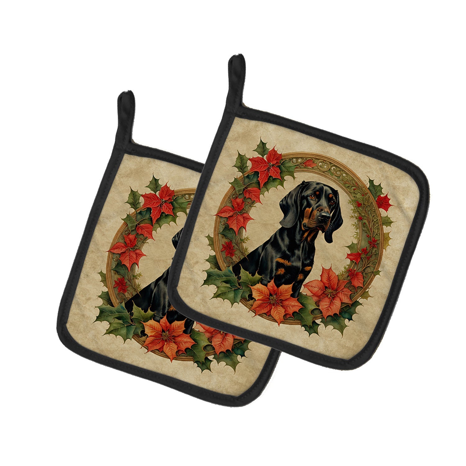 Black and Tan Coonhound Christmas Flowers Pot Holder Set of 2 Heat Resistant Quilted Hot Pads 7.5 x 7.5 Inch, Insulated Kitchen Trivets for Cooking & Baking