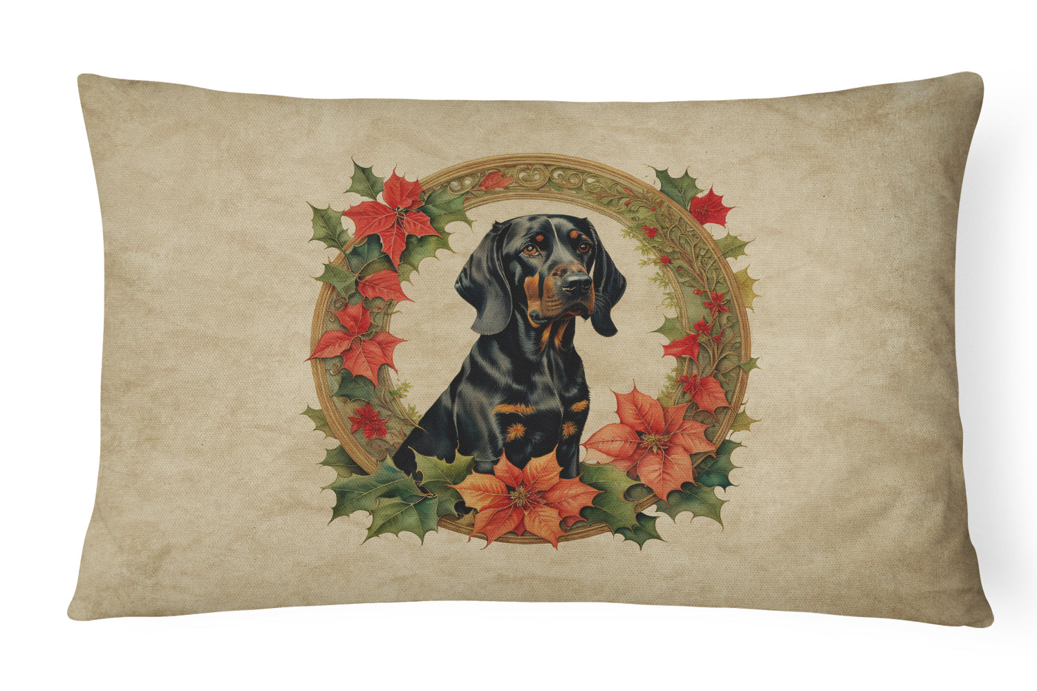 Black and Tan Coonhound Christmas Flowers Decorative Throw Pillow 12x16 Indoor Outdoor Accent Cushion, Fabric Cover with Insert for Sofa, Bed, Porch & Living Room