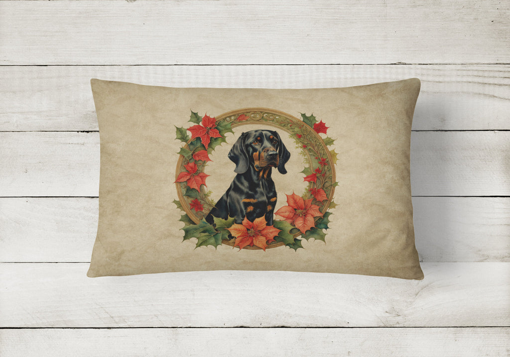 Black and Tan Coonhound Christmas Flowers Decorative Throw Pillow 12x16 Indoor Outdoor Accent Cushion, Fabric Cover with Insert for Sofa, Bed, Porch & Living Room