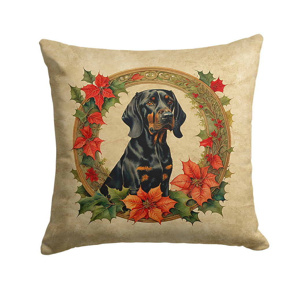 Black and Tan Coonhound Christmas Flowers Decorative Throw Pillow 14x14 Indoor Outdoor Accent Cushion, Fabric Cover with Insert for Sofa, Bed, Porch & Living Room