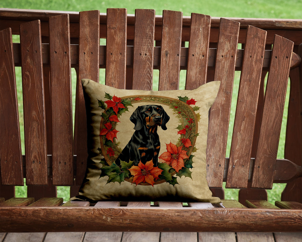 Black and Tan Coonhound Christmas Flowers Decorative Throw Pillow 14x14 Indoor Outdoor Accent Cushion, Fabric Cover with Insert for Sofa, Bed, Porch & Living Room