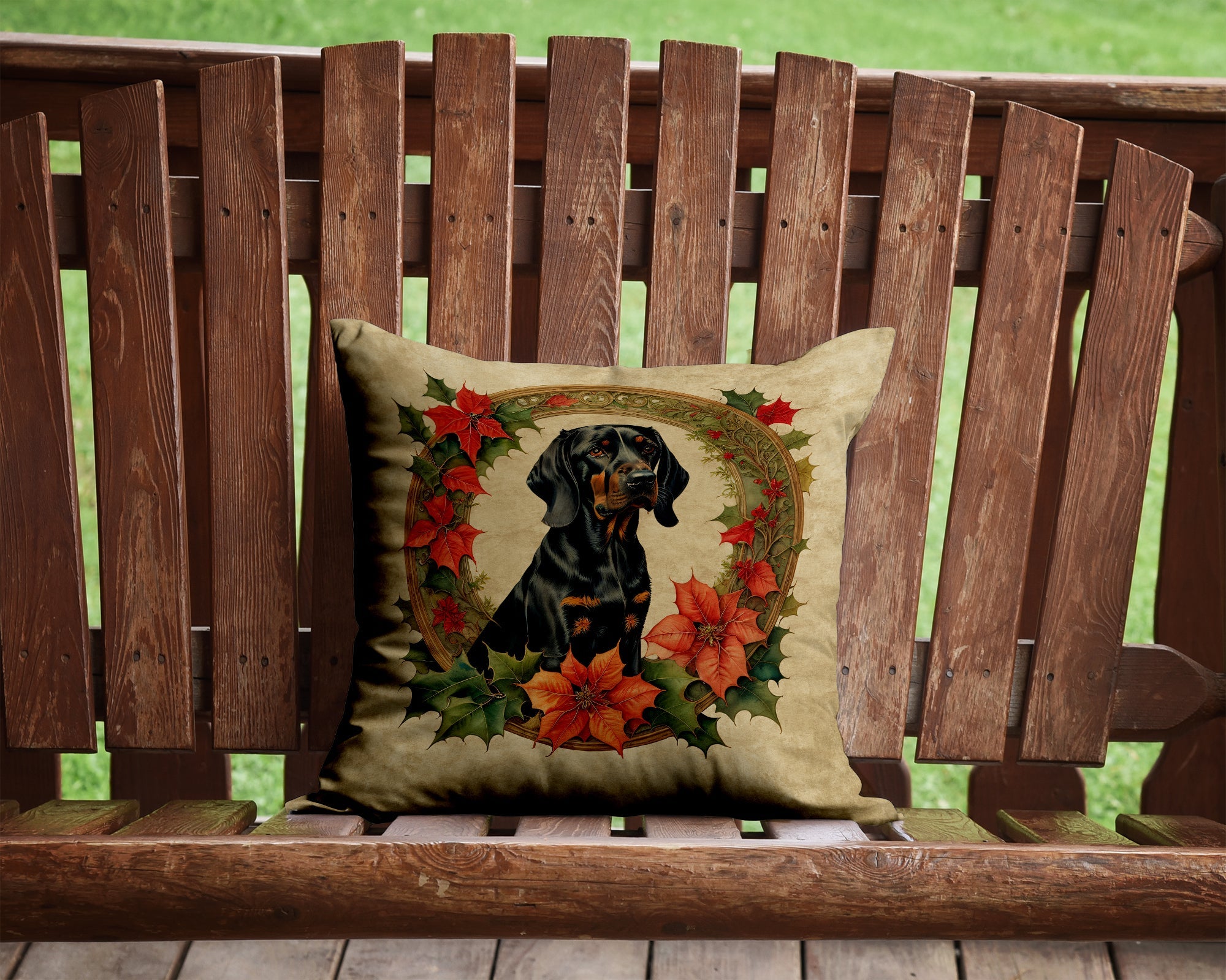 Black and Tan Coonhound Christmas Flowers Decorative Throw Pillow 14x14 Indoor Outdoor Accent Cushion, Fabric Cover with Insert for Sofa, Bed, Porch & Living Room