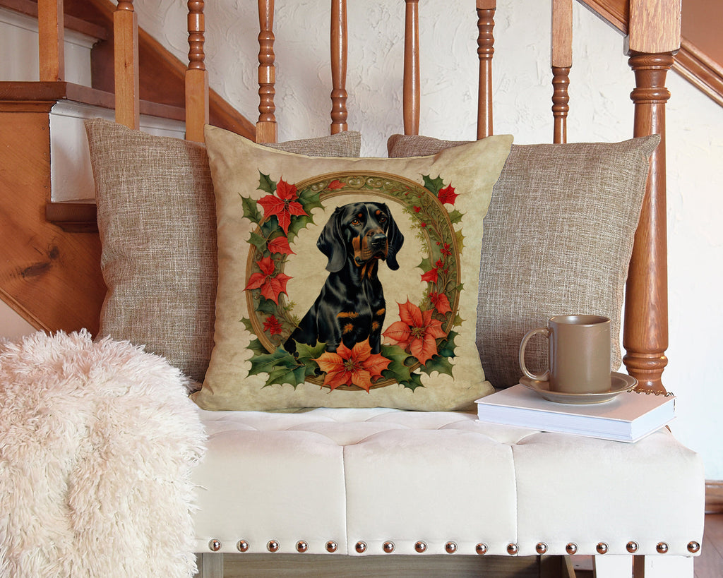 Black and Tan Coonhound Christmas Flowers Decorative Throw Pillow 14x14 Indoor Outdoor Accent Cushion, Fabric Cover with Insert for Sofa, Bed, Porch & Living Room
