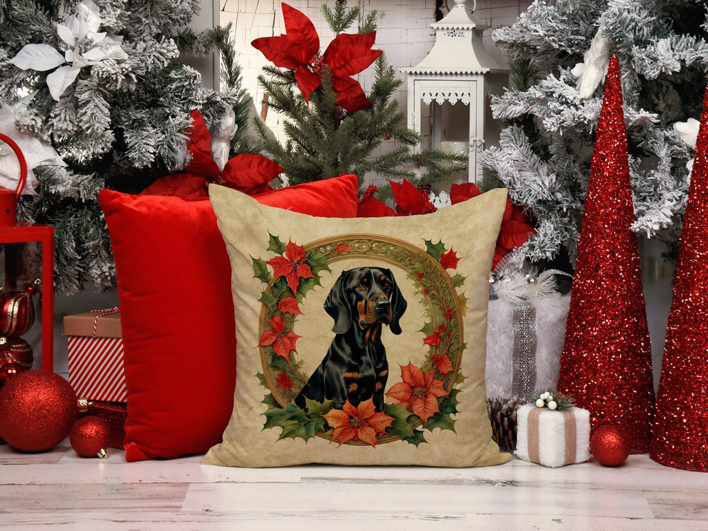 Black and Tan Coonhound Christmas Flowers Decorative Throw Pillow 18x18 Indoor Outdoor Accent Cushion, Fabric Cover with Insert for Sofa, Bed, Porch & Living Room