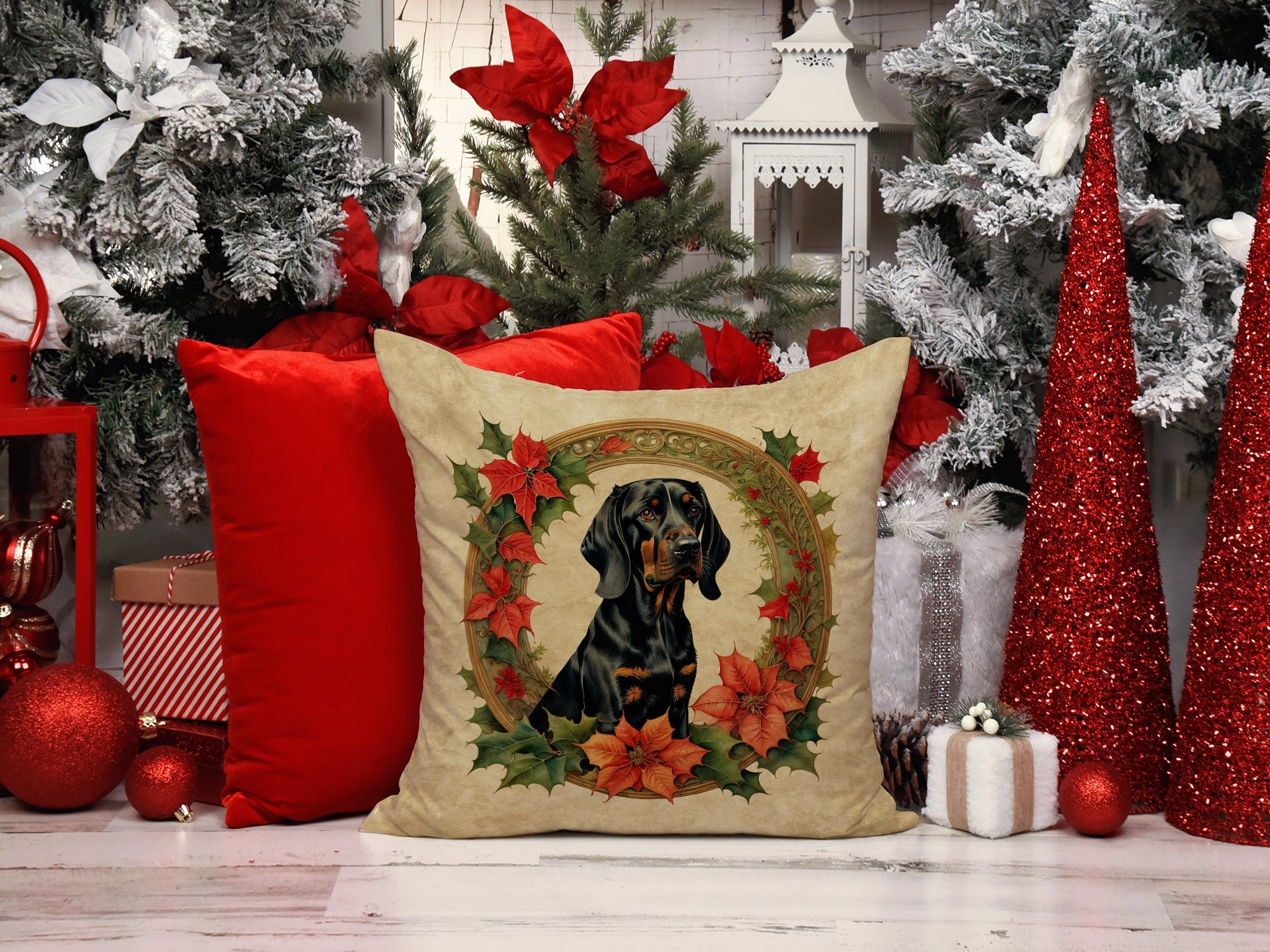 Black and Tan Coonhound Christmas Flowers Decorative Throw Pillow 18x18 Indoor Outdoor Accent Cushion, Fabric Cover with Insert for Sofa, Bed, Porch & Living Room