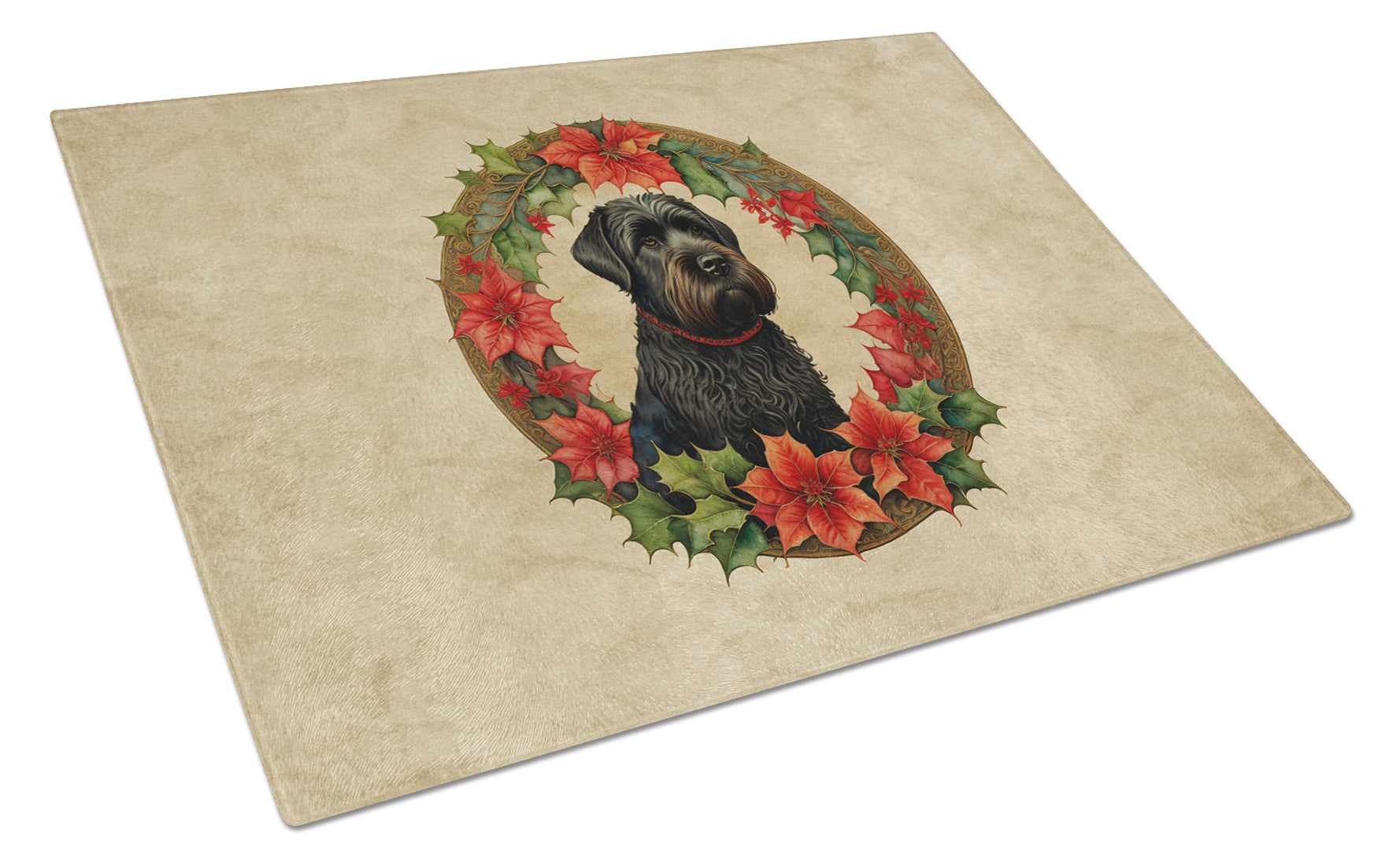 Black Russian Terrier Christmas Flowers Cutting Board Tempered Glass Kitchen Cutting Surface, Heat Resistant Chopping, Non-Slip Feet, Food Prep & Serving