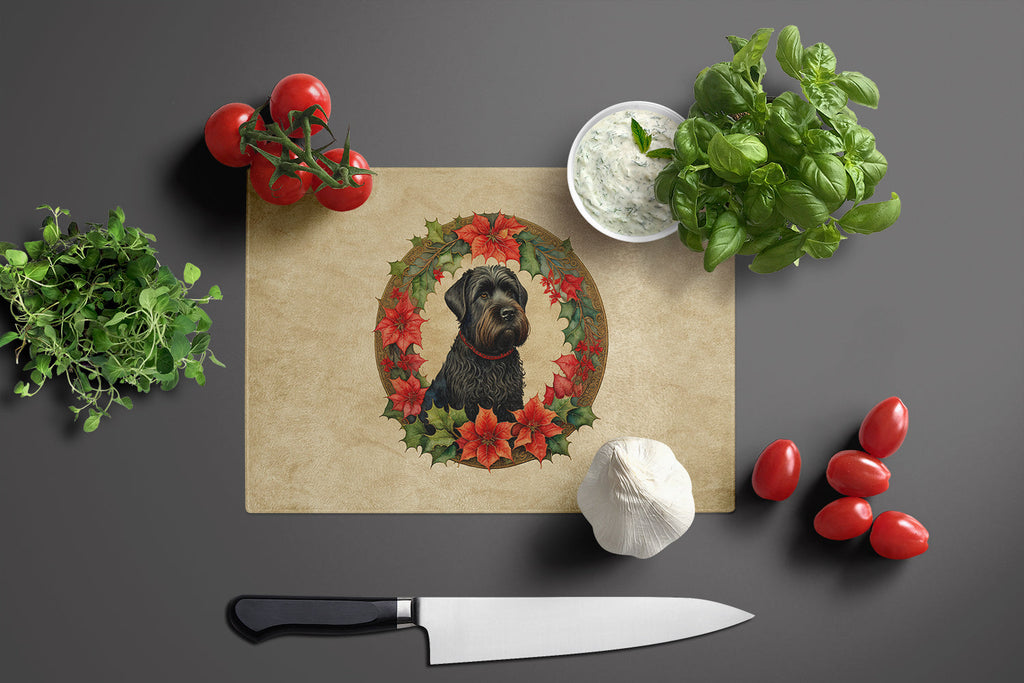 Black Russian Terrier Christmas Flowers Cutting Board Tempered Glass Kitchen Cutting Surface, Heat Resistant Chopping, Non-Slip Feet, Food Prep & Serving
