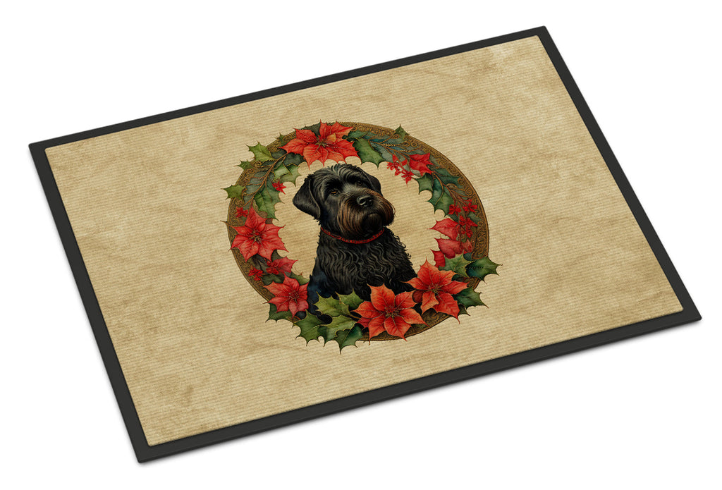 Black Russian Terrier Christmas Flowers Doormat Indoor Outdoor 18H X 27W Front Door Mat Rugs for Entryway, Non Slip Washable