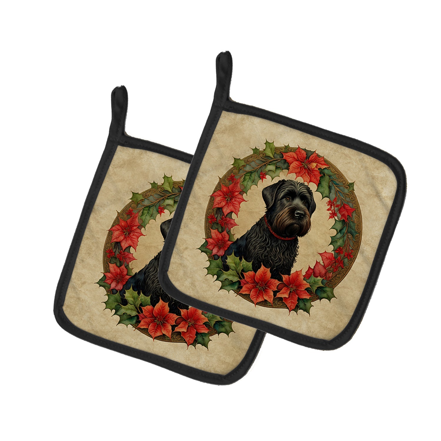Black Russian Terrier Christmas Flowers Pot Holder Set of 2 Heat Resistant Quilted Hot Pads 7.5 x 7.5 Inch, Insulated Kitchen Trivets for Cooking & Baking