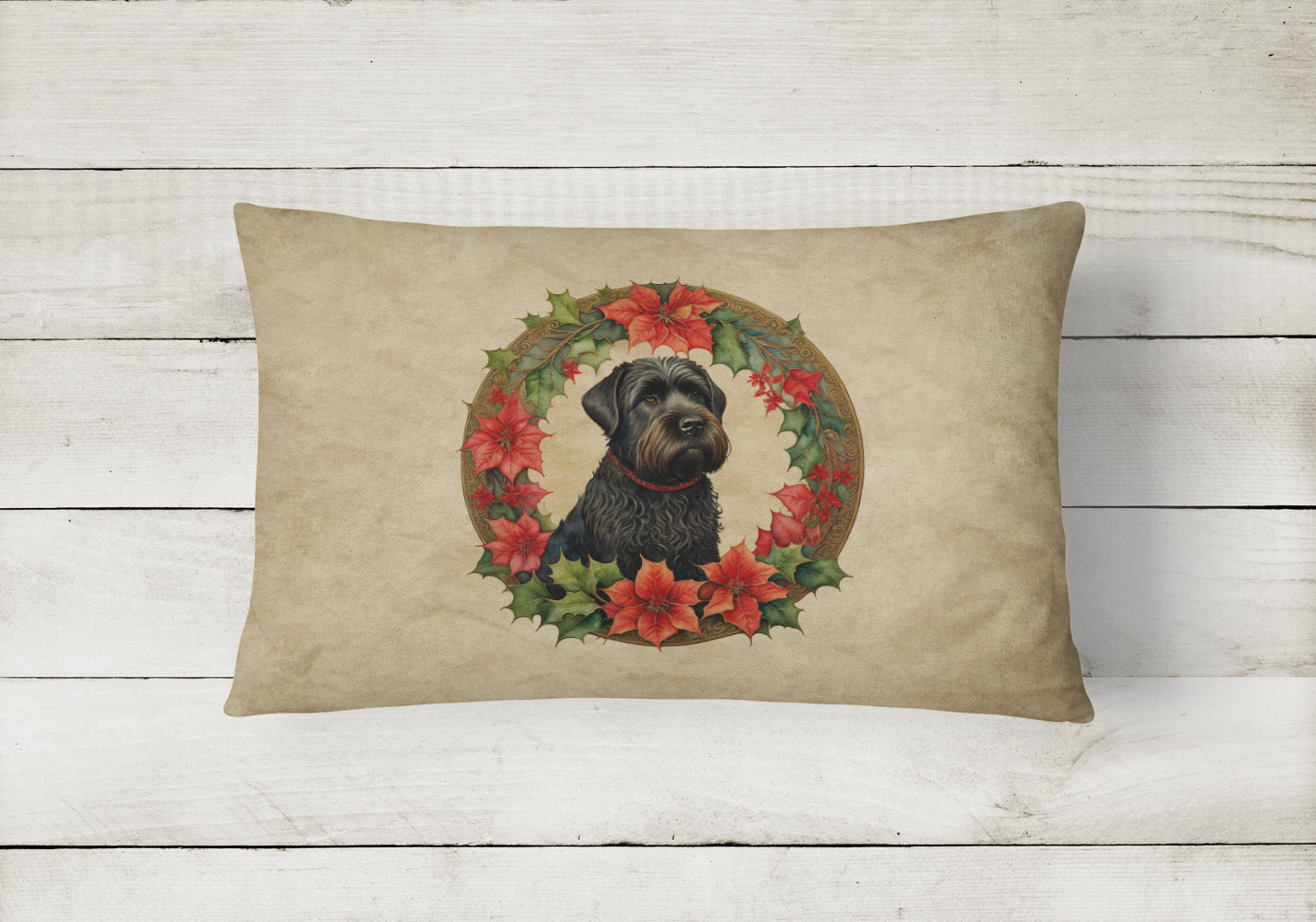 Black Russian Terrier Christmas Flowers Decorative Throw Pillow 12x16 Indoor Outdoor Accent Cushion, Fabric Cover with Insert for Sofa, Bed, Porch & Living Room