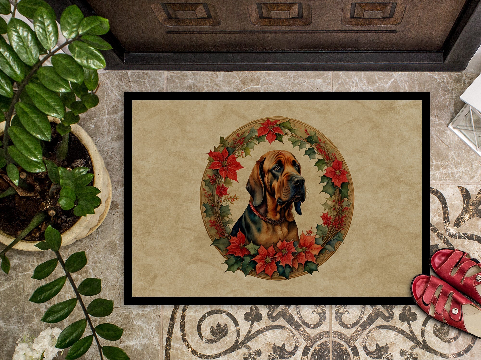 Bloodhound Christmas Flowers Doormat Indoor Outdoor 24H X 36W Front Door Mat Rugs for Entryway, Non Slip Washable Low Pile,