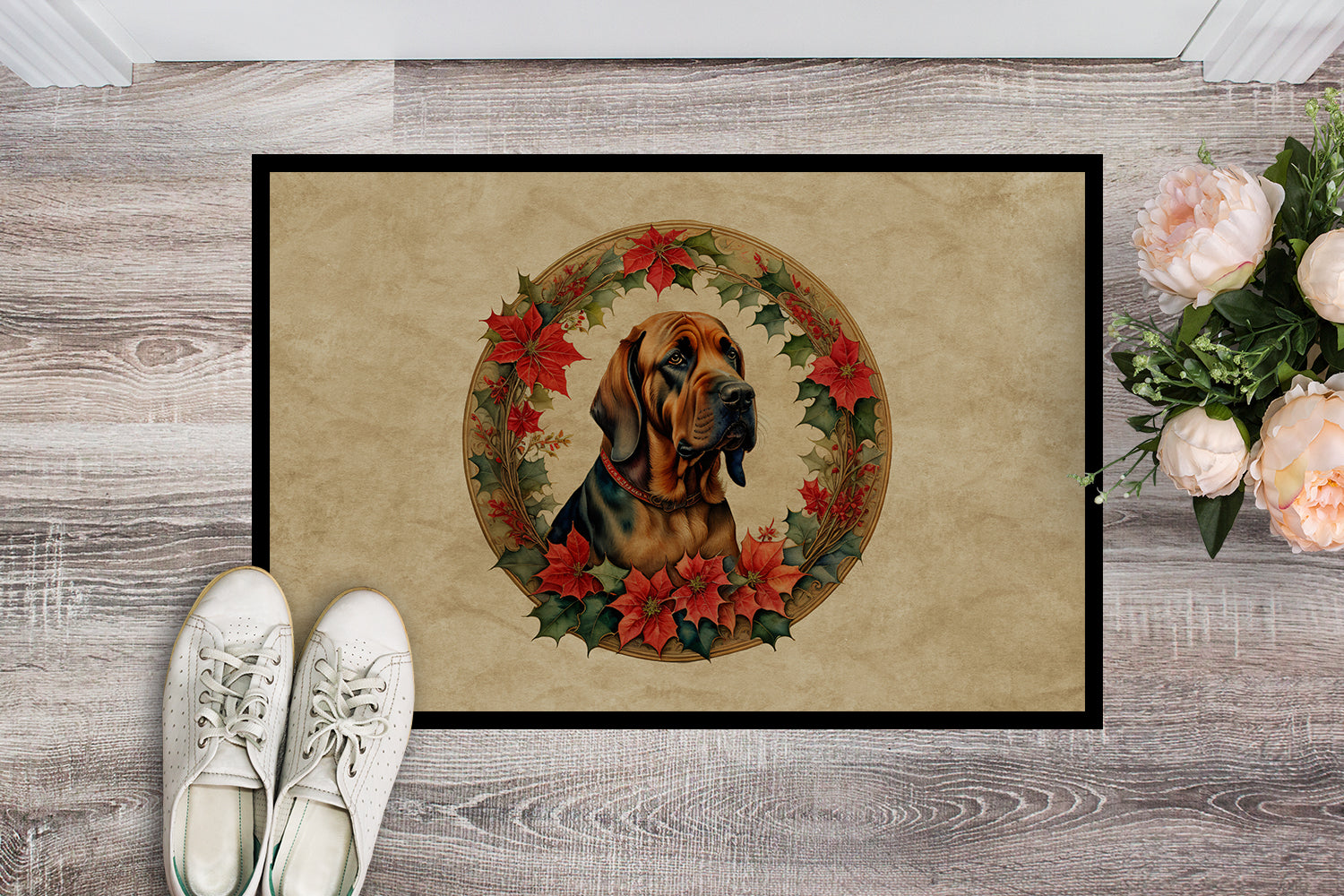 Bloodhound Christmas Flowers Doormat Indoor Outdoor 18H X 27W Front Door Mat Rugs for Entryway, Non Slip Washable