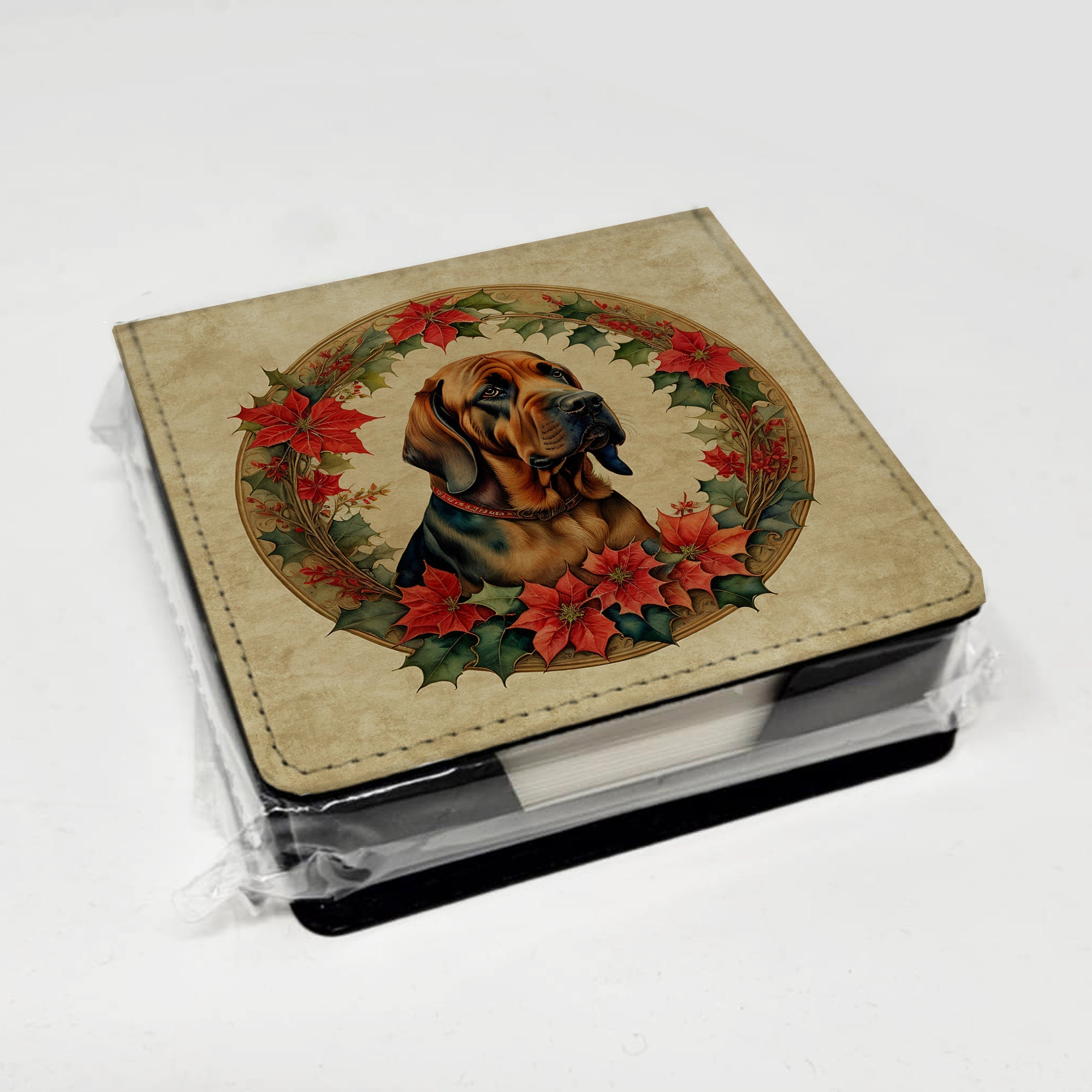Bloodhound Christmas Flowers PU Leather Note Paper Holder with Artist-Designed Cover, Desk Accessory, Office Gift