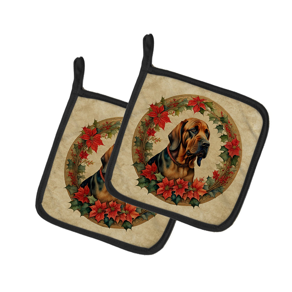 Bloodhound Christmas Flowers Pot Holder Set of 2 Heat Resistant Quilted Hot Pads 7.5 x 7.5 Inch, Insulated Kitchen Trivets for Cooking & Baking