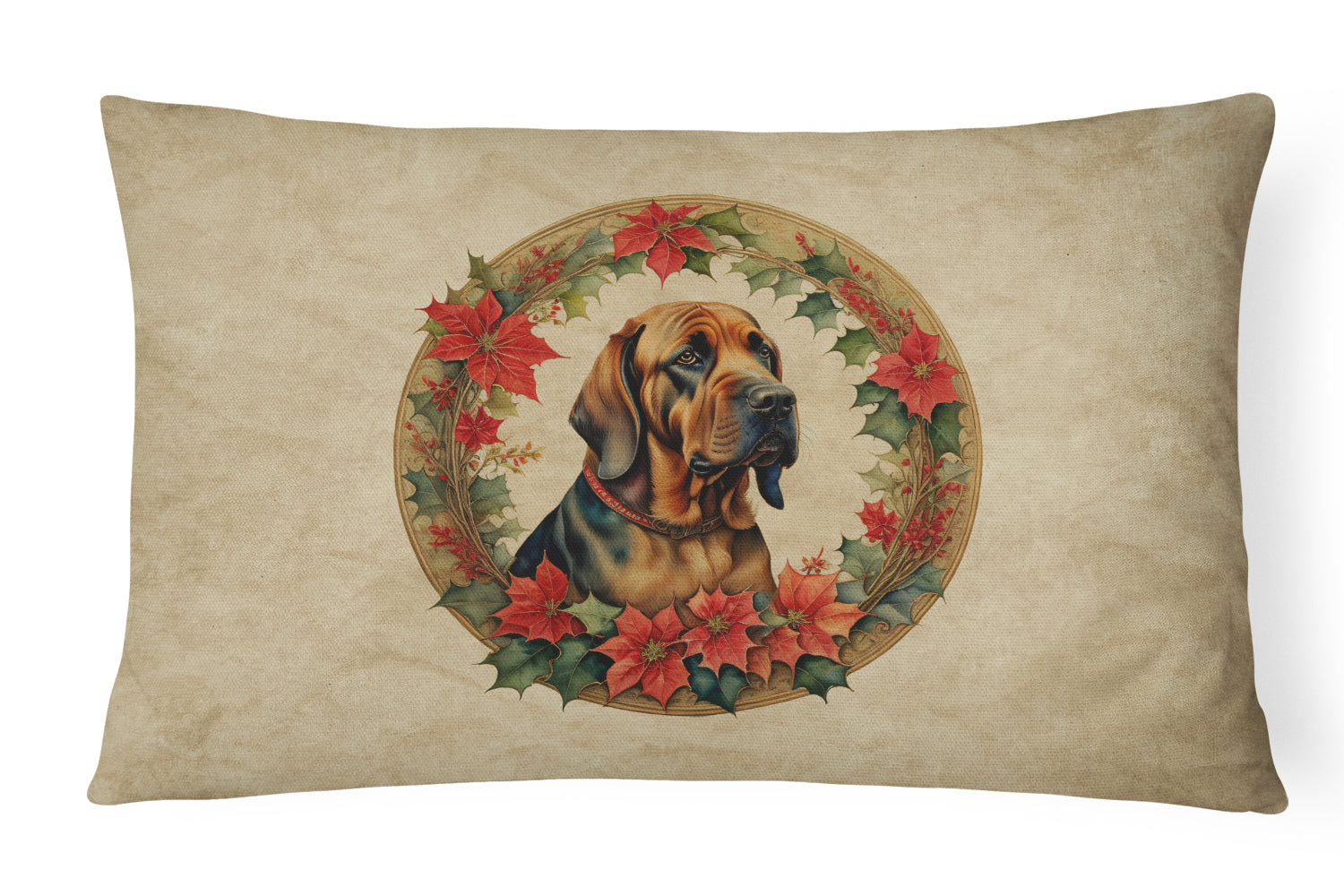Bloodhound Christmas Flowers Decorative Throw Pillow 12x16 Indoor Outdoor Accent Cushion, Fabric Cover with Insert for Sofa, Bed, Porch & Living Room