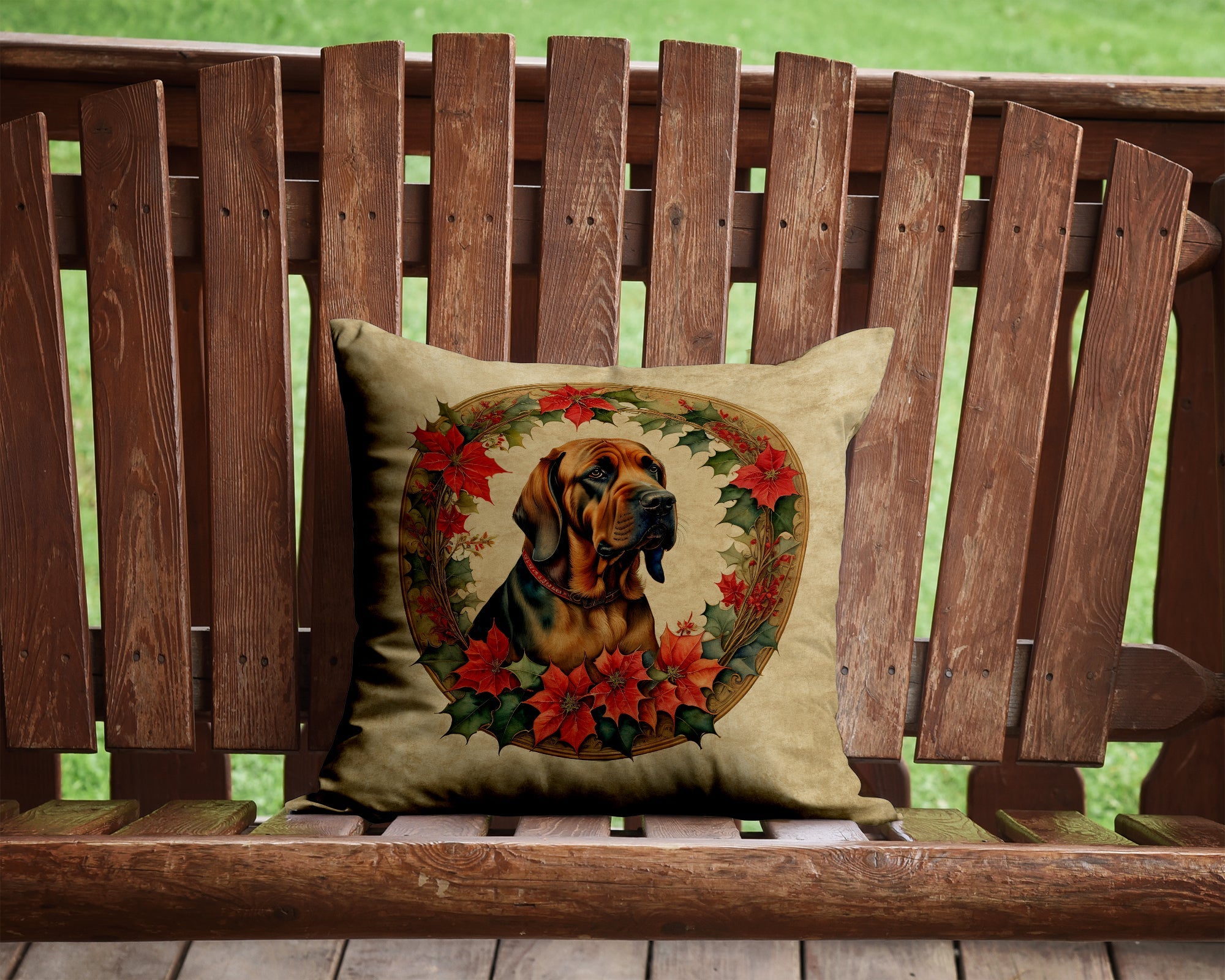 Bloodhound Christmas Flowers Decorative Throw Pillow 14x14 Indoor Outdoor Accent Cushion, Fabric Cover with Insert for Sofa, Bed, Porch & Living Room