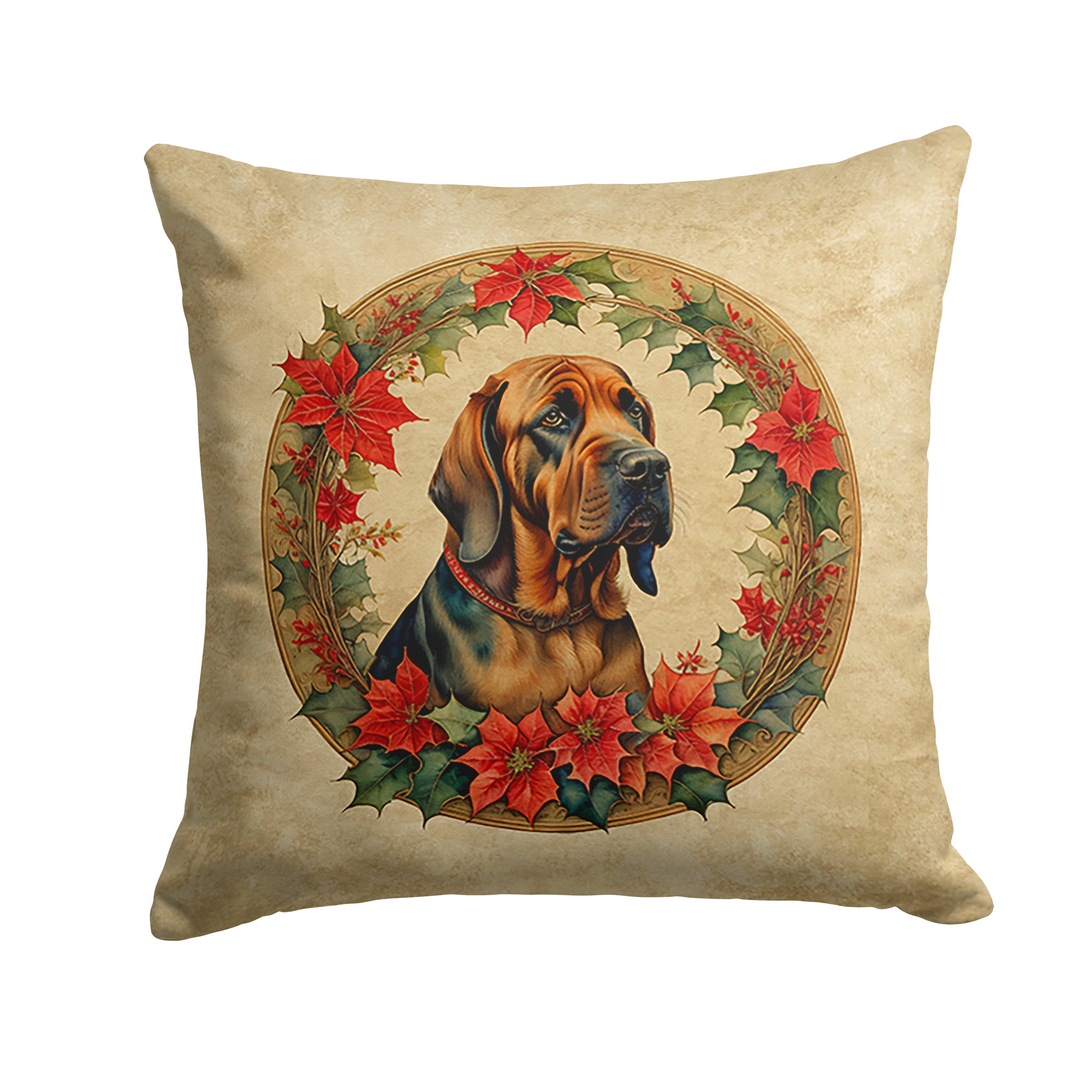 Bloodhound Christmas Flowers Decorative Throw Pillow 18x18 Indoor Outdoor Accent Cushion, Fabric Cover with Insert for Sofa, Bed, Porch & Living Room