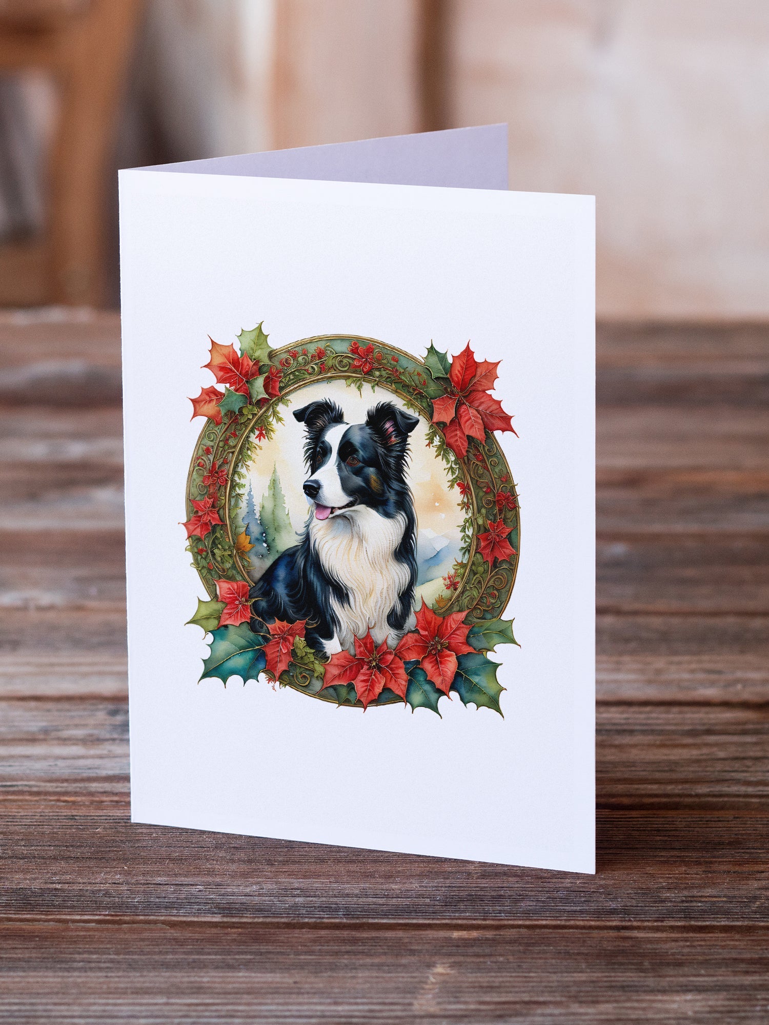Border Collie Christmas Flowers Greeting Cards Pack of 8 Blank Cards with Envelopes Whimsical A7 Size 5x7