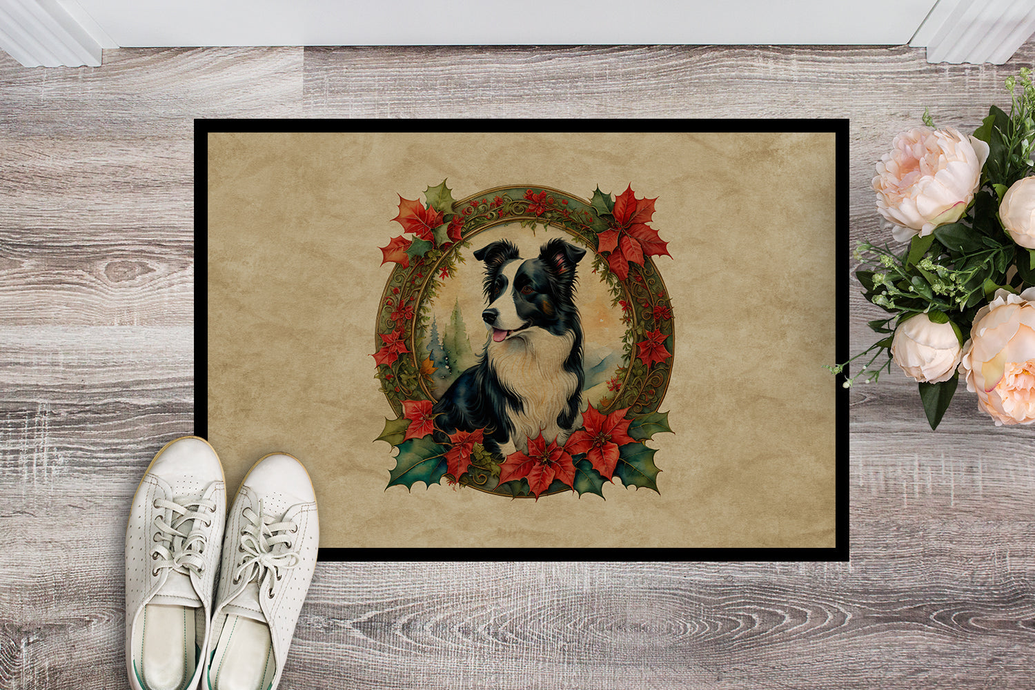 Border Collie Christmas Flowers Doormat Indoor Outdoor 24H X 36W Front Door Mat Rugs for Entryway, Non Slip Washable Low Pile,