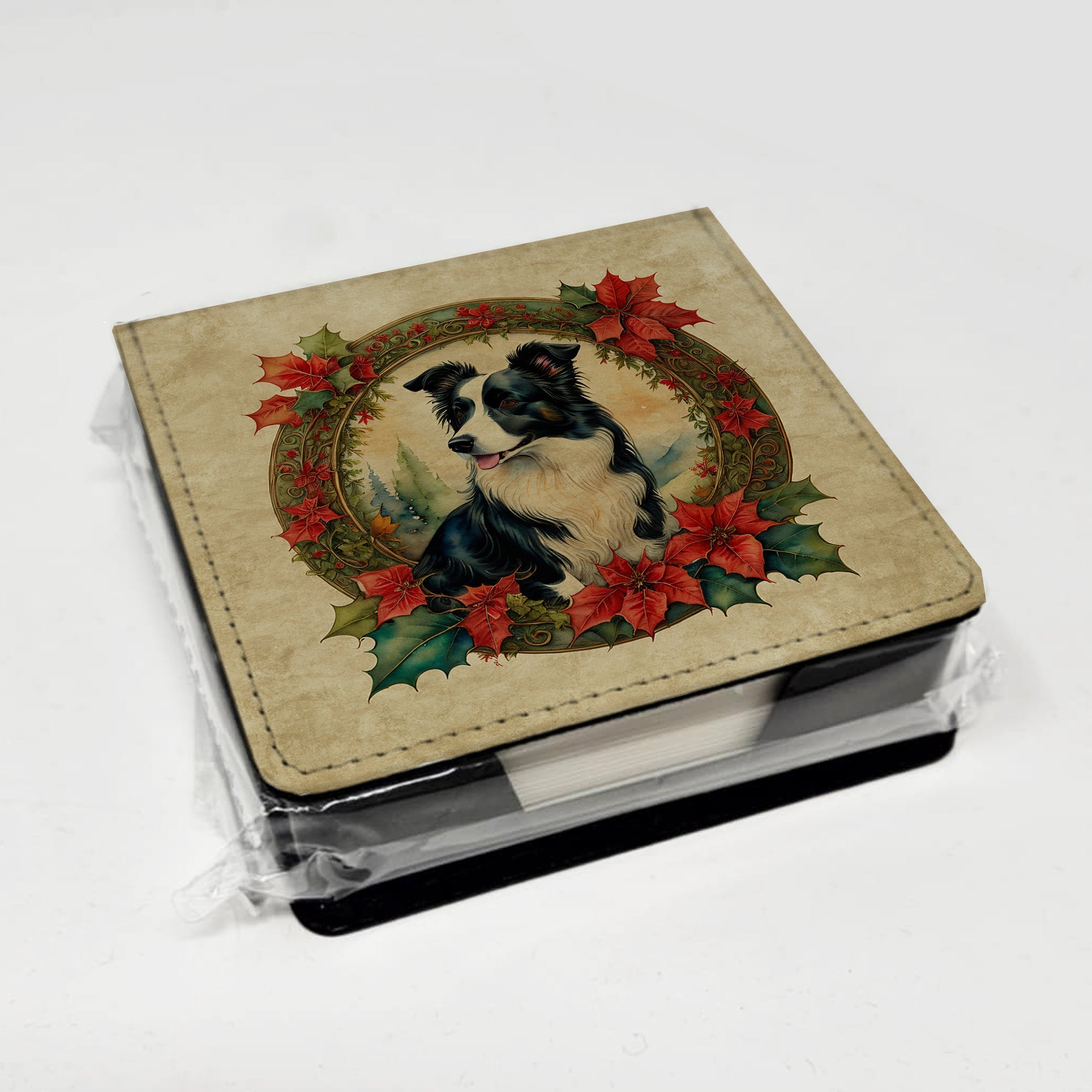 Border Collie Christmas Flowers PU Leather Note Paper Holder with Artist-Designed Cover, Desk Accessory, Office Gift