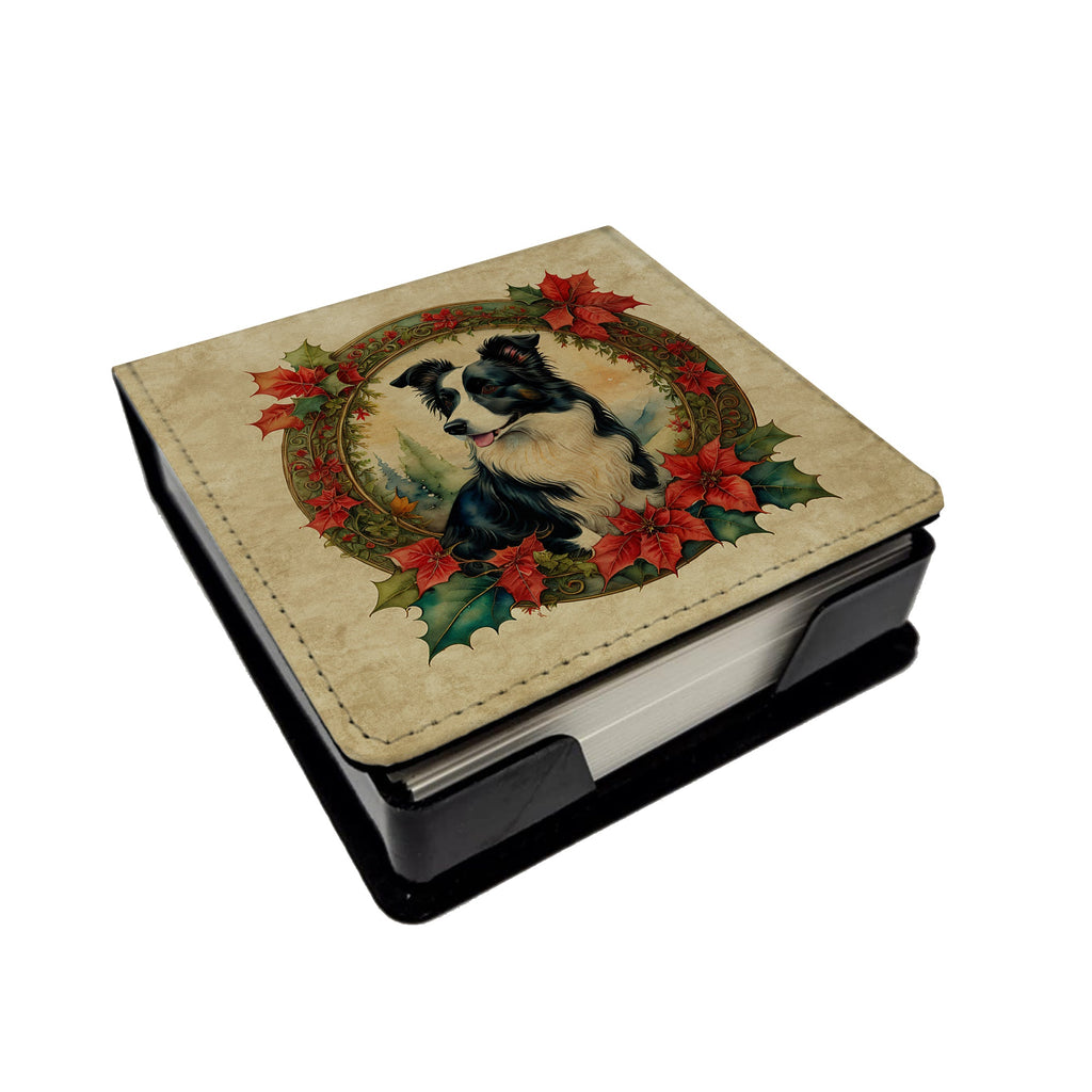Border Collie Christmas Flowers PU Leather Note Paper Holder with Artist-Designed Cover, Desk Accessory, Office Gift