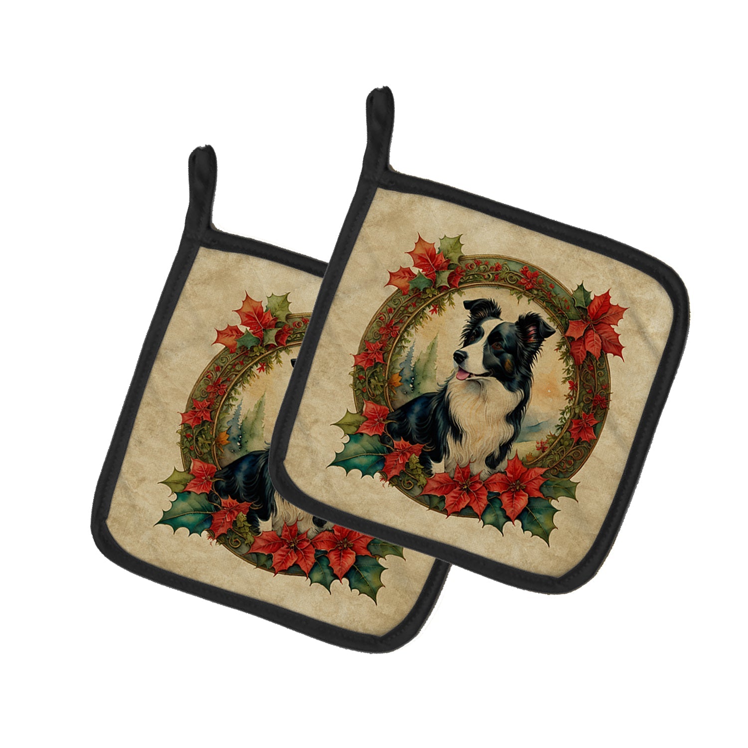 Border Collie Christmas Flowers Pot Holder Set of 2 Heat Resistant Quilted Hot Pads 7.5 x 7.5 Inch, Insulated Kitchen Trivets for Cooking & Baking