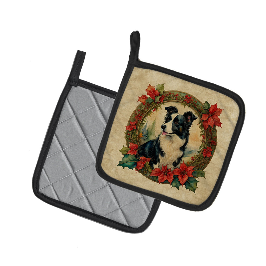 Border Collie Christmas Flowers Pot Holder Set of 2 Heat Resistant Quilted Hot Pads 7.5 x 7.5 Inch, Insulated Kitchen Trivets for Cooking & Baking