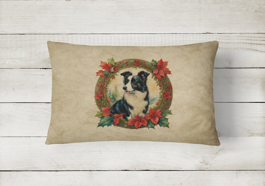 Border Collie Christmas Flowers Decorative Throw Pillow 12x16 Indoor Outdoor Accent Cushion, Fabric Cover with Insert for Sofa, Bed, Porch & Living Room