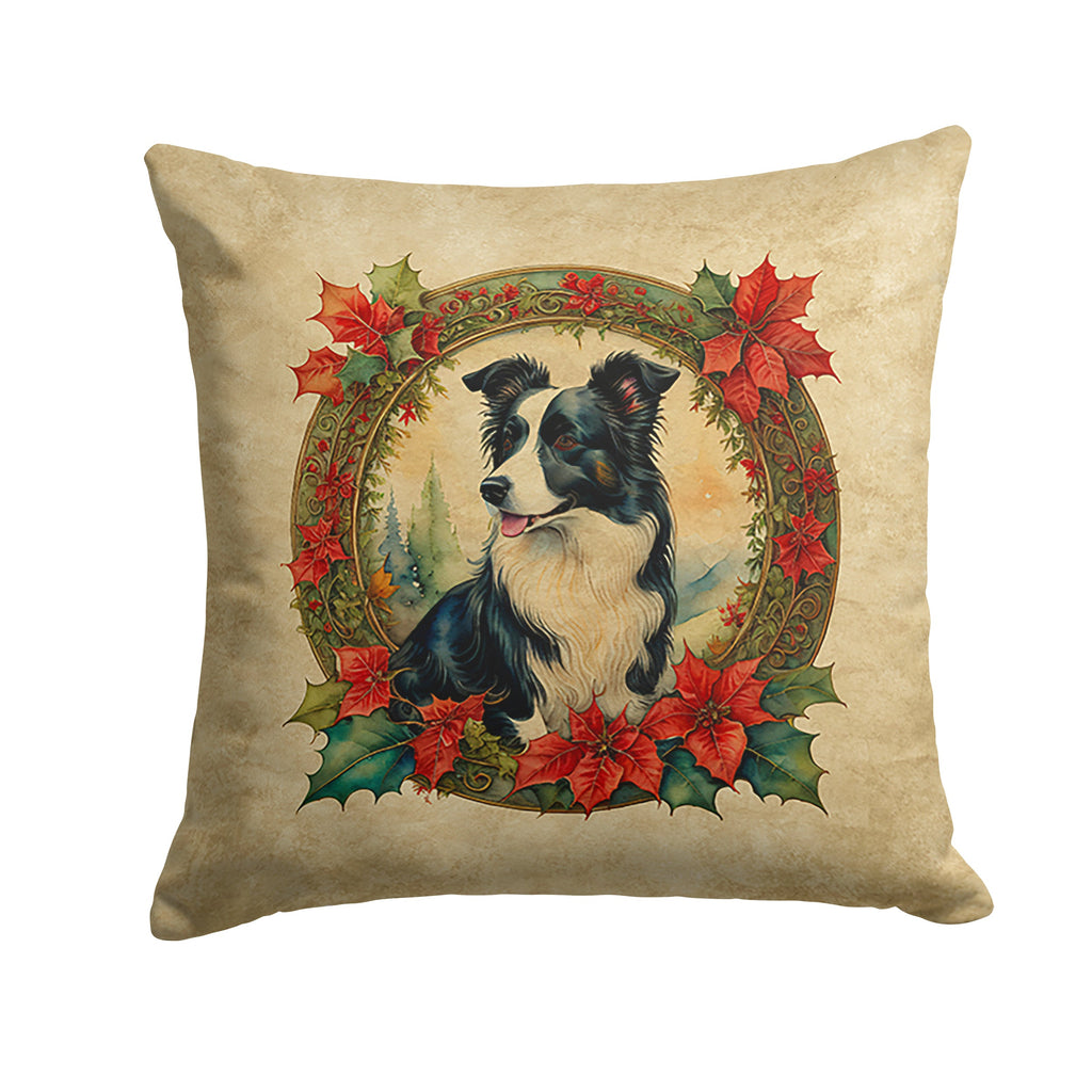 Border Collie Christmas Flowers Decorative Throw Pillow 14x14 Indoor Outdoor Accent Cushion, Fabric Cover with Insert for Sofa, Bed, Porch & Living Room