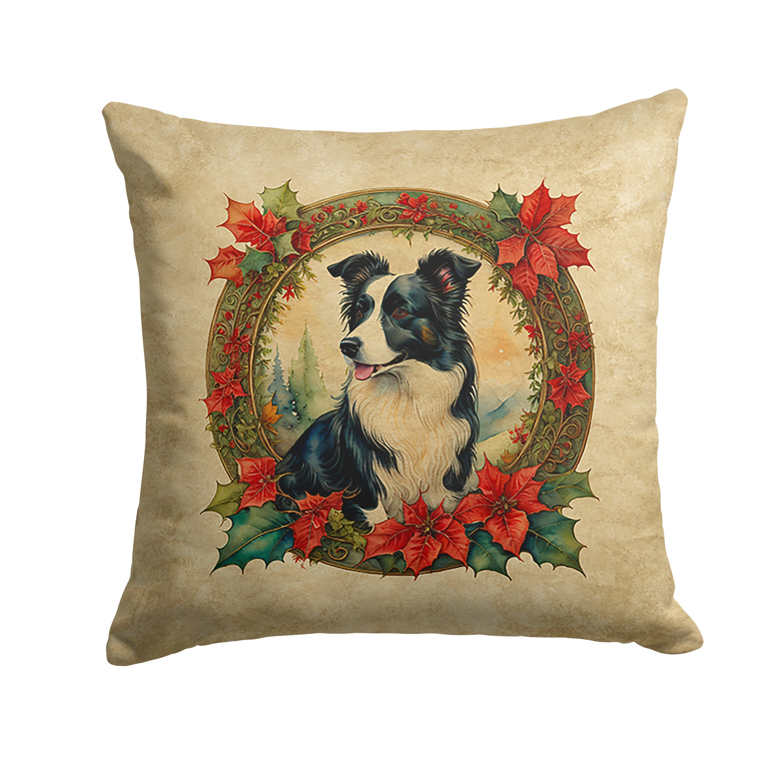Border Collie Christmas Flowers Decorative Throw Pillow 14x14 Indoor Outdoor Accent Cushion, Fabric Cover with Insert for Sofa, Bed, Porch & Living Room