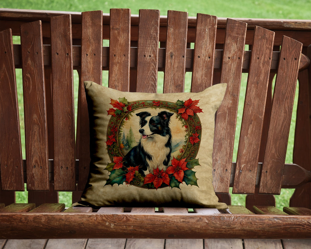 Border Collie Christmas Flowers Decorative Throw Pillow 14x14 Indoor Outdoor Accent Cushion, Fabric Cover with Insert for Sofa, Bed, Porch & Living Room
