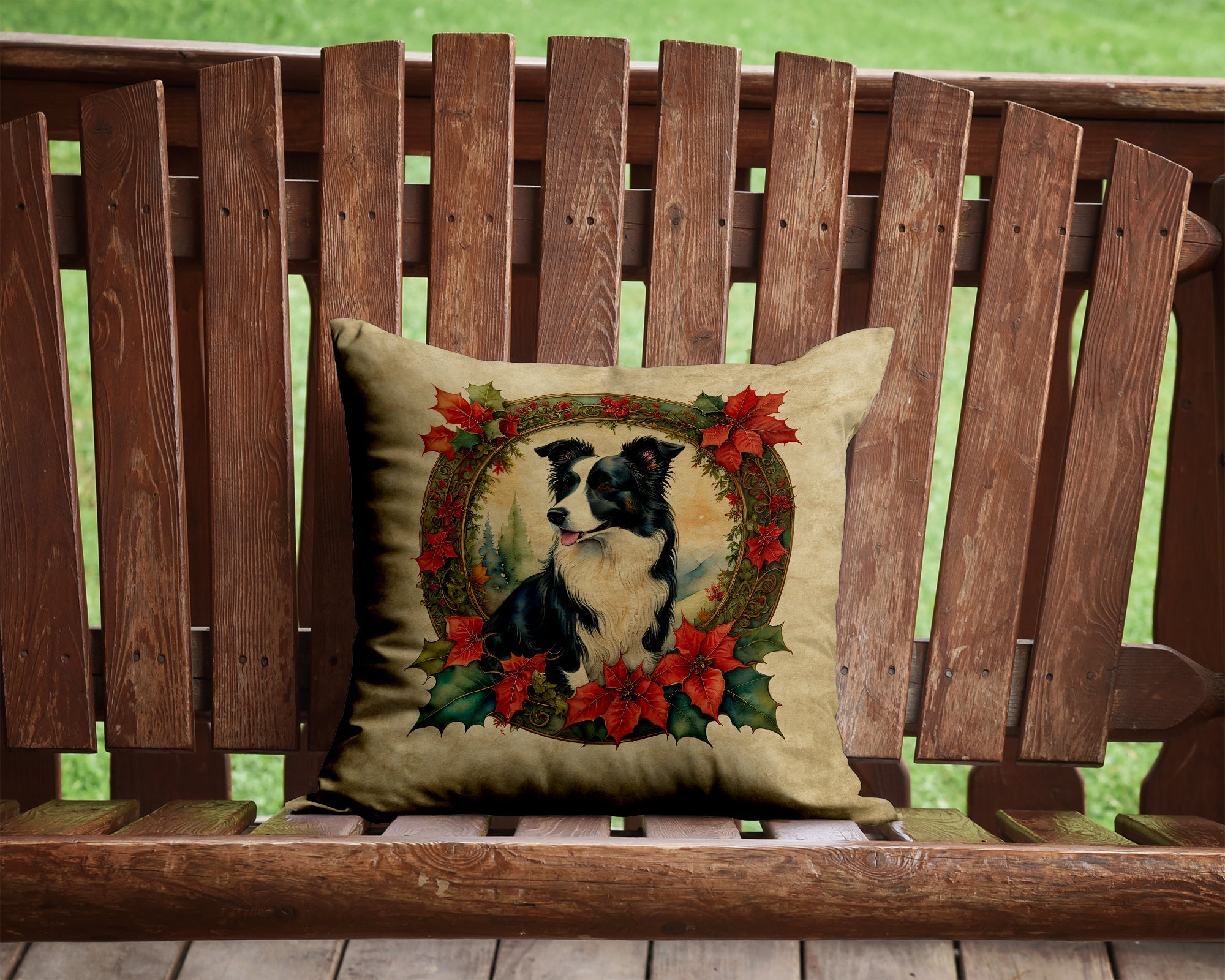 Border Collie Christmas Flowers Decorative Throw Pillow 14x14 Indoor Outdoor Accent Cushion, Fabric Cover with Insert for Sofa, Bed, Porch & Living Room