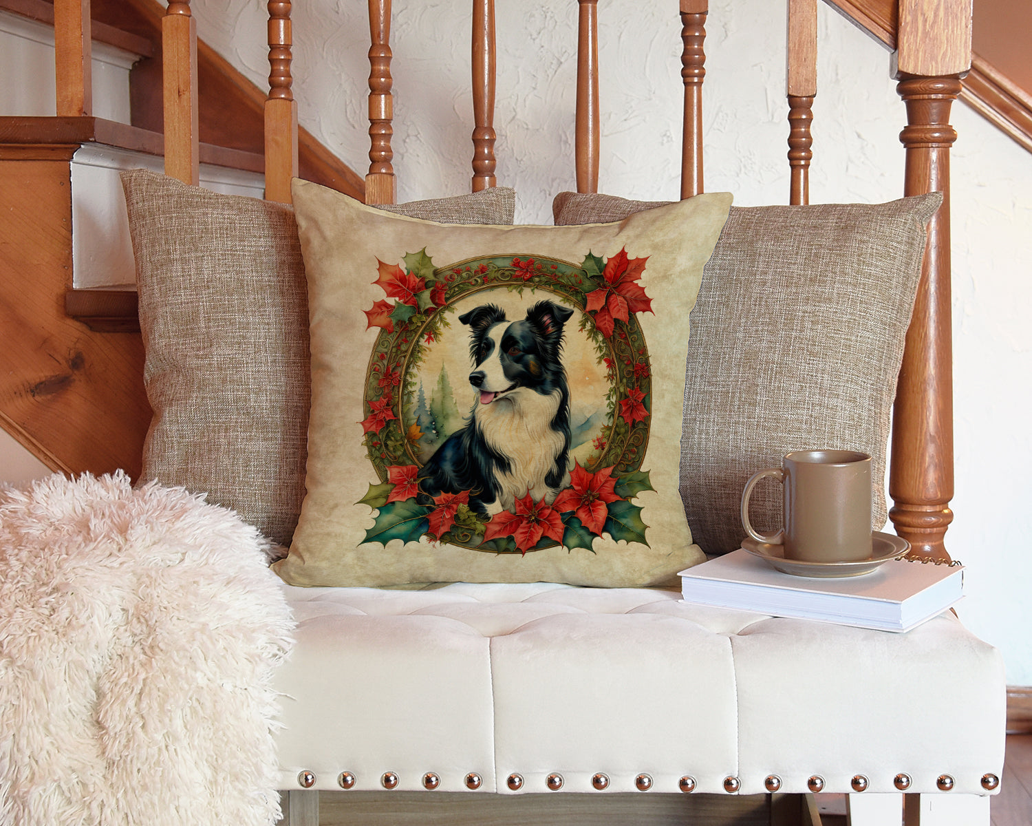 Border Collie Christmas Flowers Decorative Throw Pillow 14x14 Indoor Outdoor Accent Cushion, Fabric Cover with Insert for Sofa, Bed, Porch & Living Room